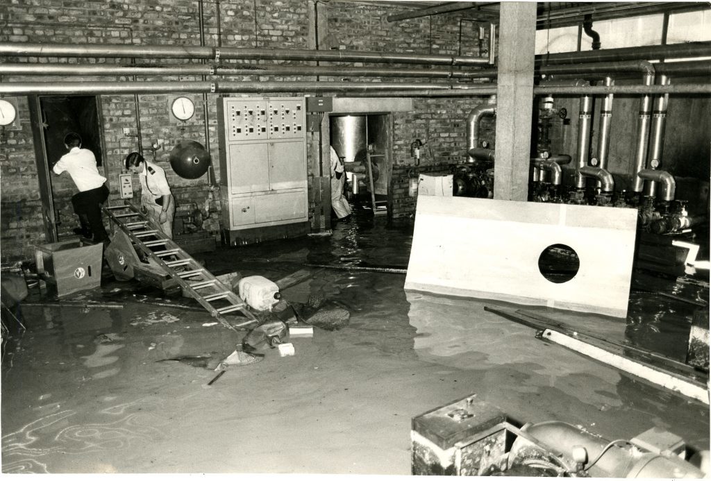 A flooded basement at Menzieshill High School in 1984.