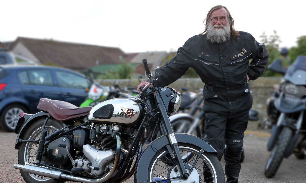 John Shabashow and his 1950s BSA model A10, on which he plans to cross the USA next year.