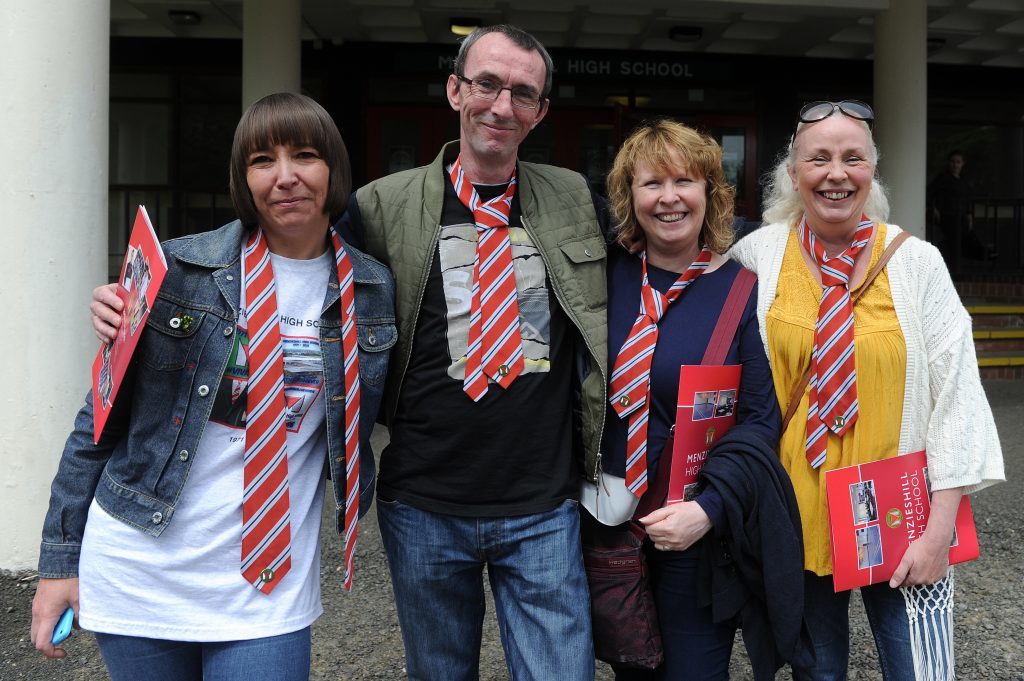 Courier News - Dundee - Jamie Milligan story - Menzieshill High School open day which was an opportunity for former pupils and staff of Menzieshill High School to visit the building for one last time. Picture shows; leaving with happy memories - l to r, Heather Lawson, David McCabe Evelyn McCabe and Ann McCabe, Menzieshill High School, Yarrow Terrace, Dundee, Tuesday, 28 June 2016