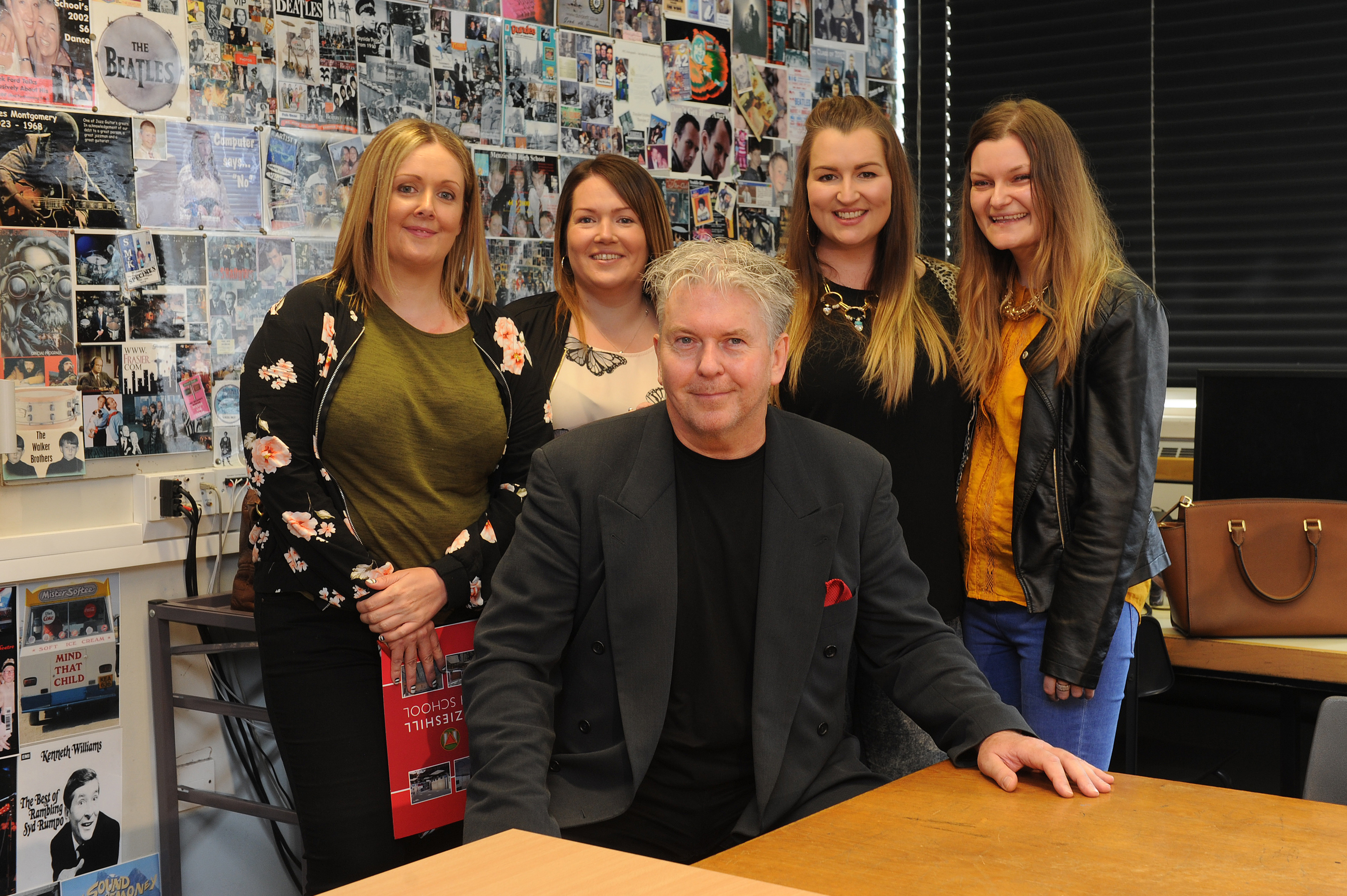 Greg McCaffrey with former pupils (from left) Vicki Lindsay, Suzanne Lindsay, Claire Dunbar and Victoria Vigrow.