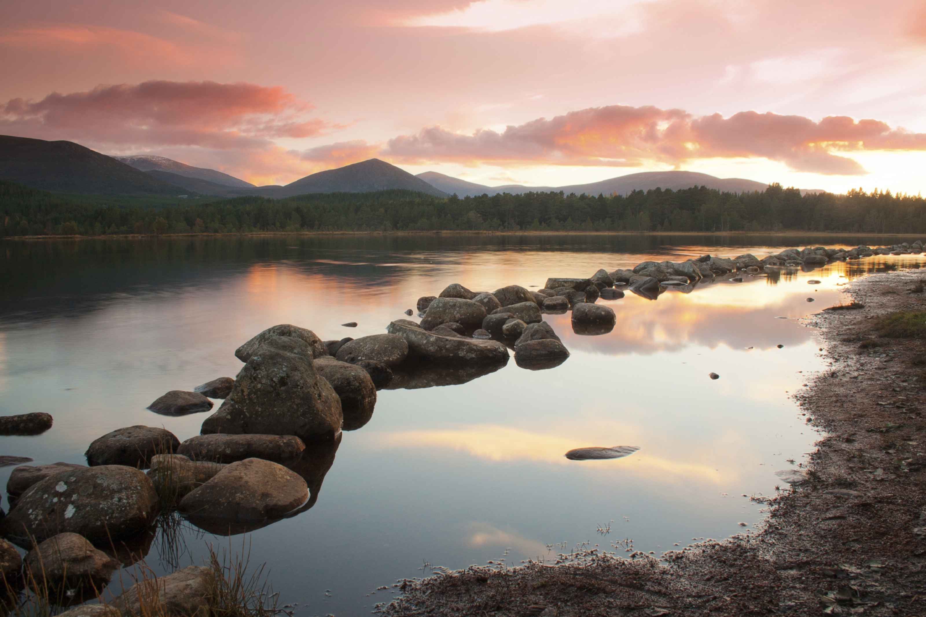 Loch Morlich in the Cairngorms at sunset.