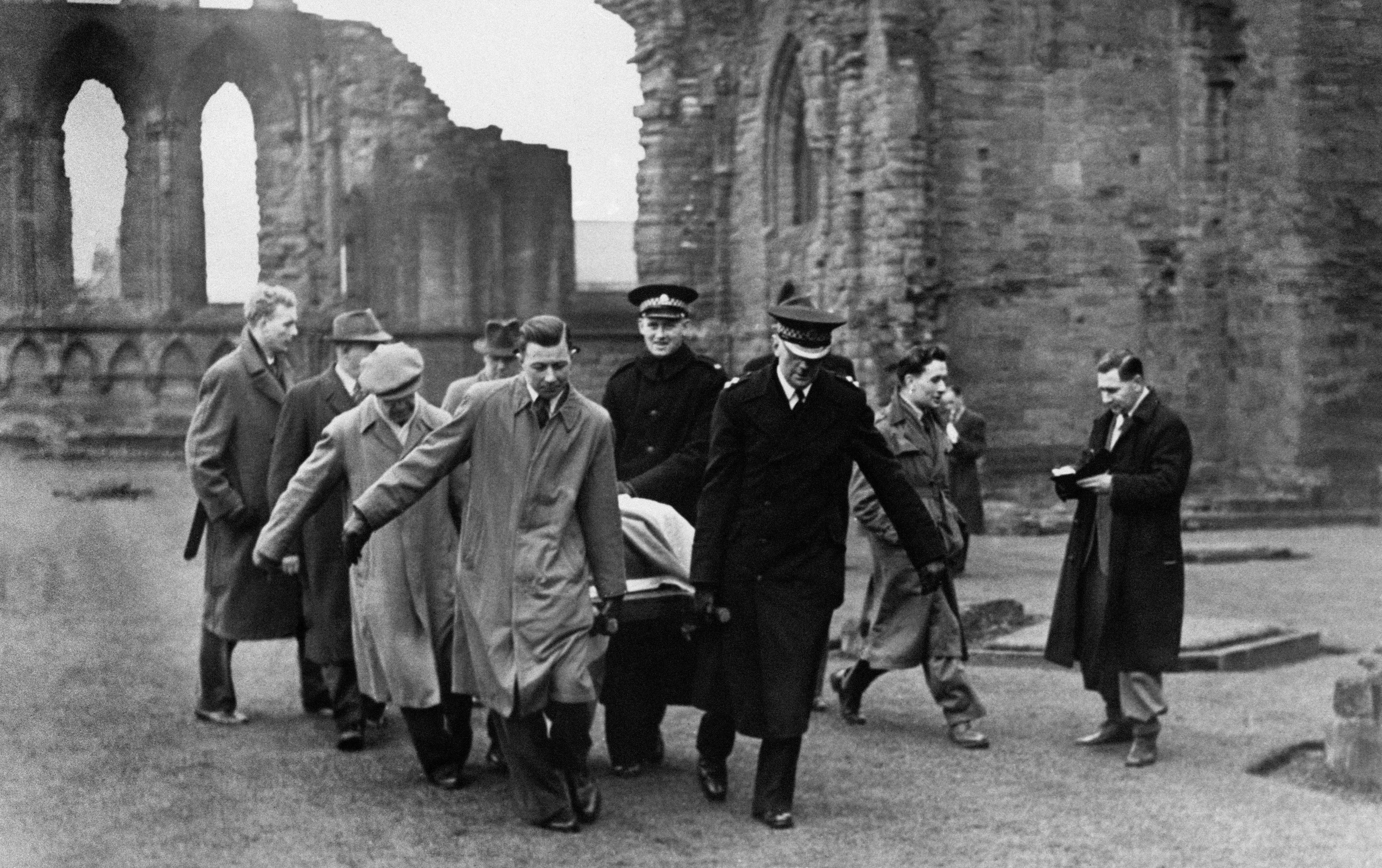 The Stone of Destiny being removed from Arbroath Abbey where it was found following its disappearance from Westminster Abbey in 1950 but could it be on the move again?
