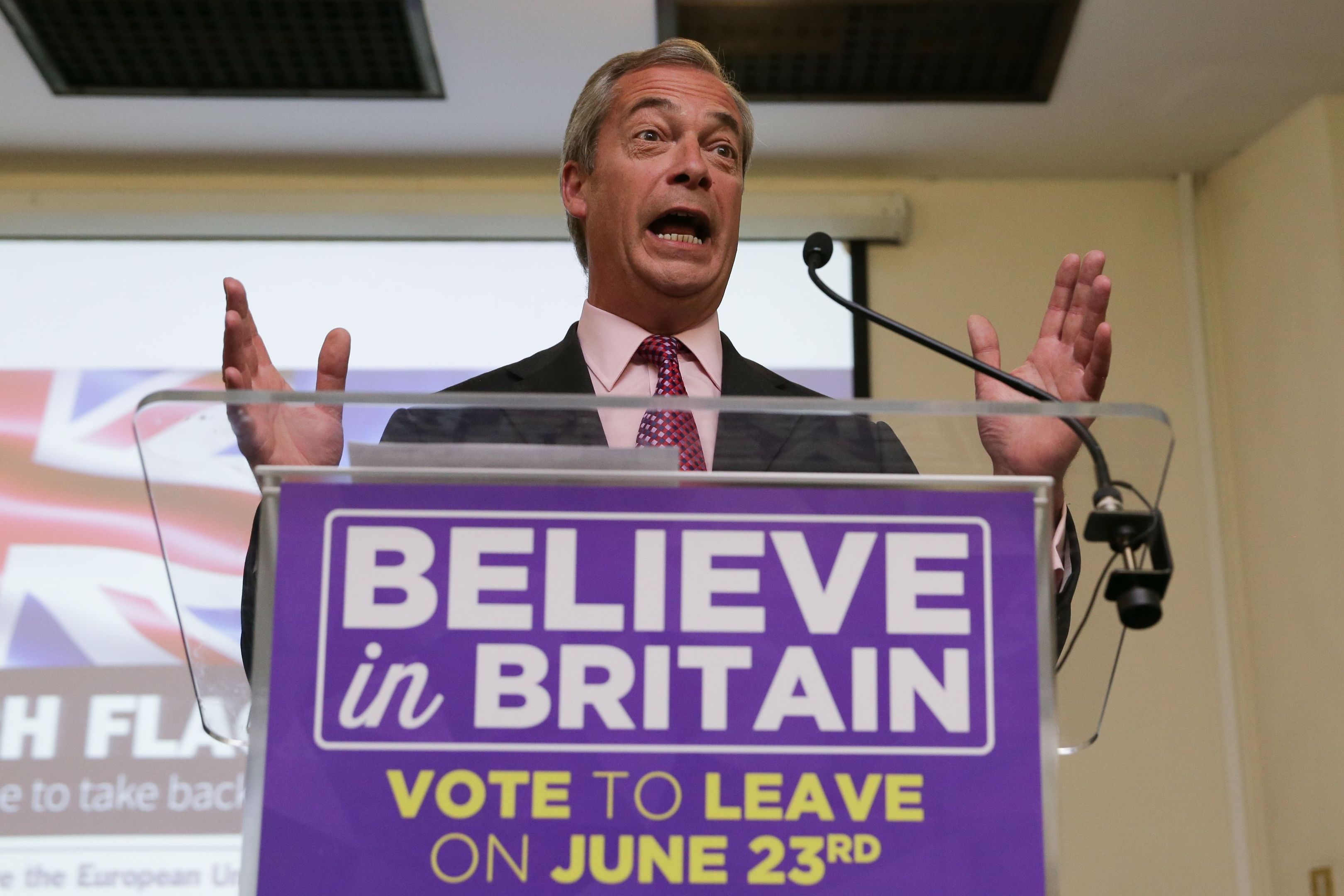 Ukip leader Nigel Farage delivers his final speech of the EU referendum campaign at the Emmanuel Centre in London.