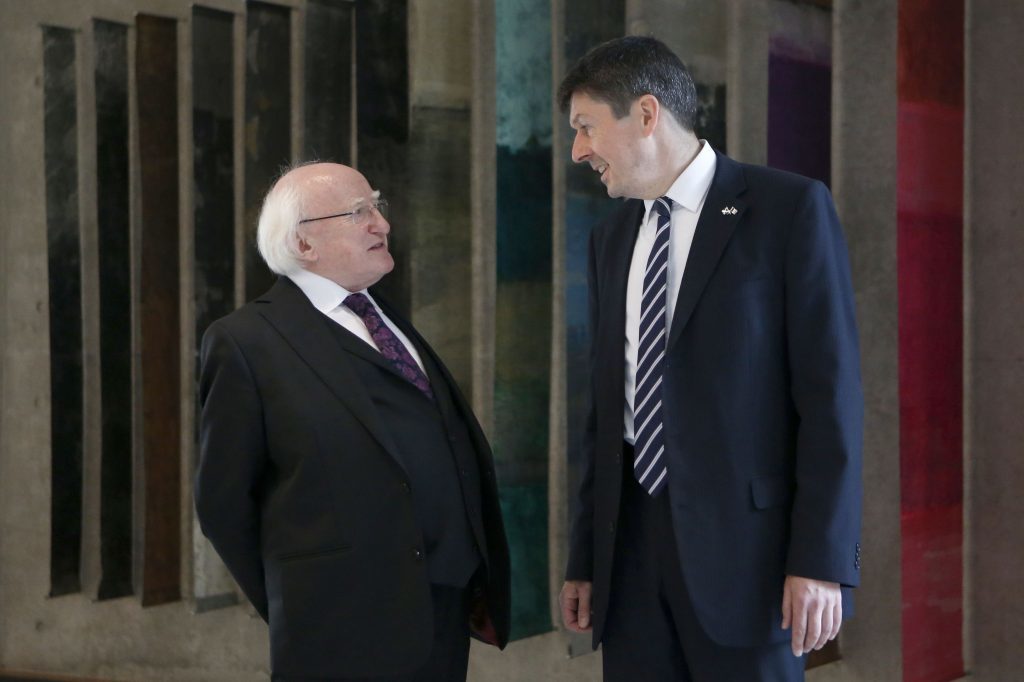 Irish president Michael D Higgins (left) meets Ken Macintosh, Presiding Officer of the Scottish Parliament, before giving an address to MSPs at the parliament in Edinburgh on the third day of his official visit to Scotland. PRESS ASSOCIATION Photo. Picture date: Wednesday June 29, 2016. See PA story POLITICS Higgins. Photo credit should read: Jane Barlow/PA Wire