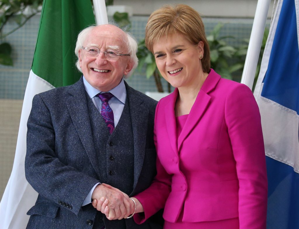 Scotland's First Minister Nicola Sturgeon meeting the President of Ireland, Michael D. Higgins at the Scottish Government building at Atlantic quay in Glasgow, on the first day of his visit to Scotland. PRESS ASSOCIATION Photo. Picture date: Monday June 27, 2016. See PA story POLITICS Higgins. Photo credit should read: Andrew Milligan/PA Wire