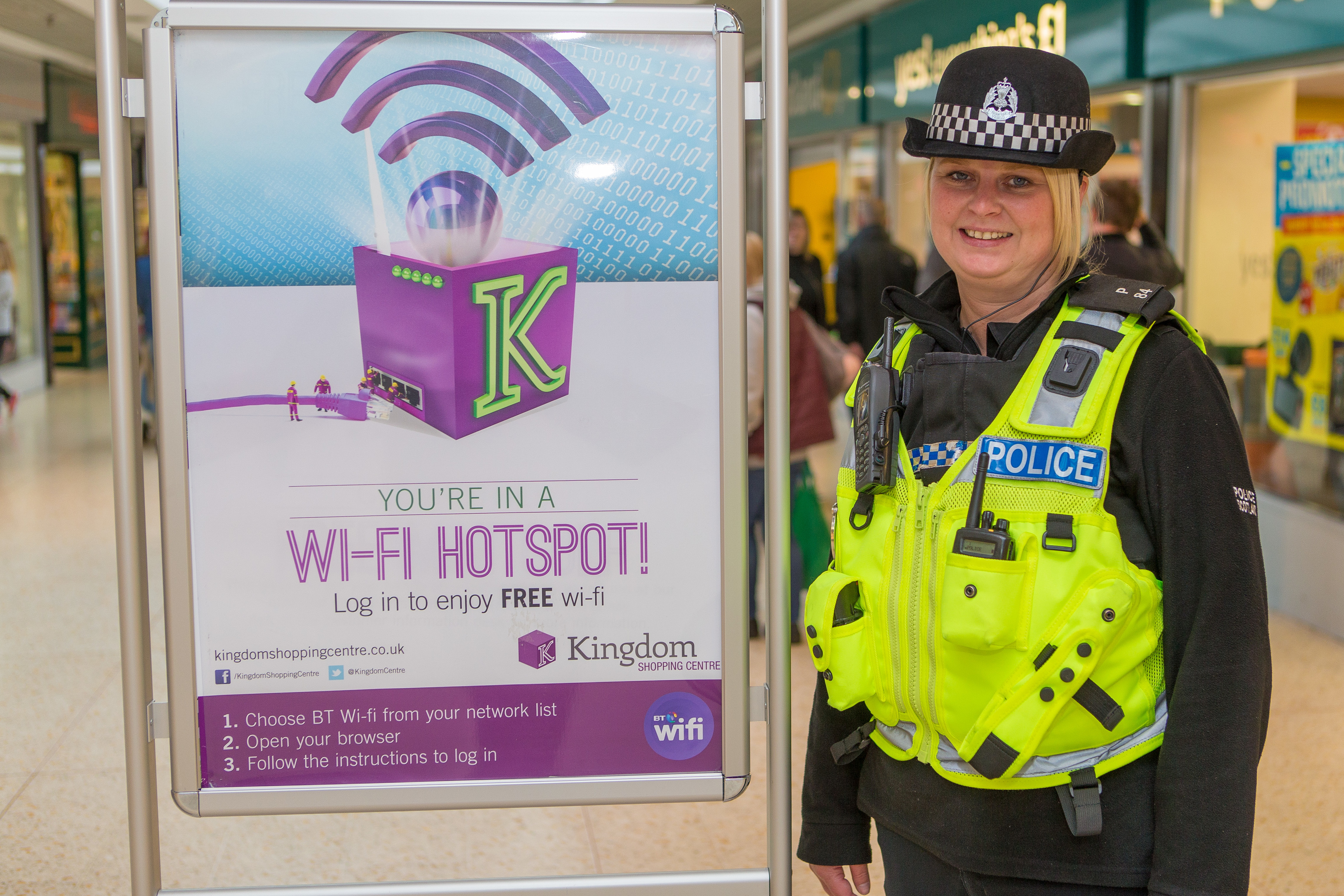 PC Leanne St Aubyn at the free wifi advertisements inside Kingdom Centre in Glenrothes.