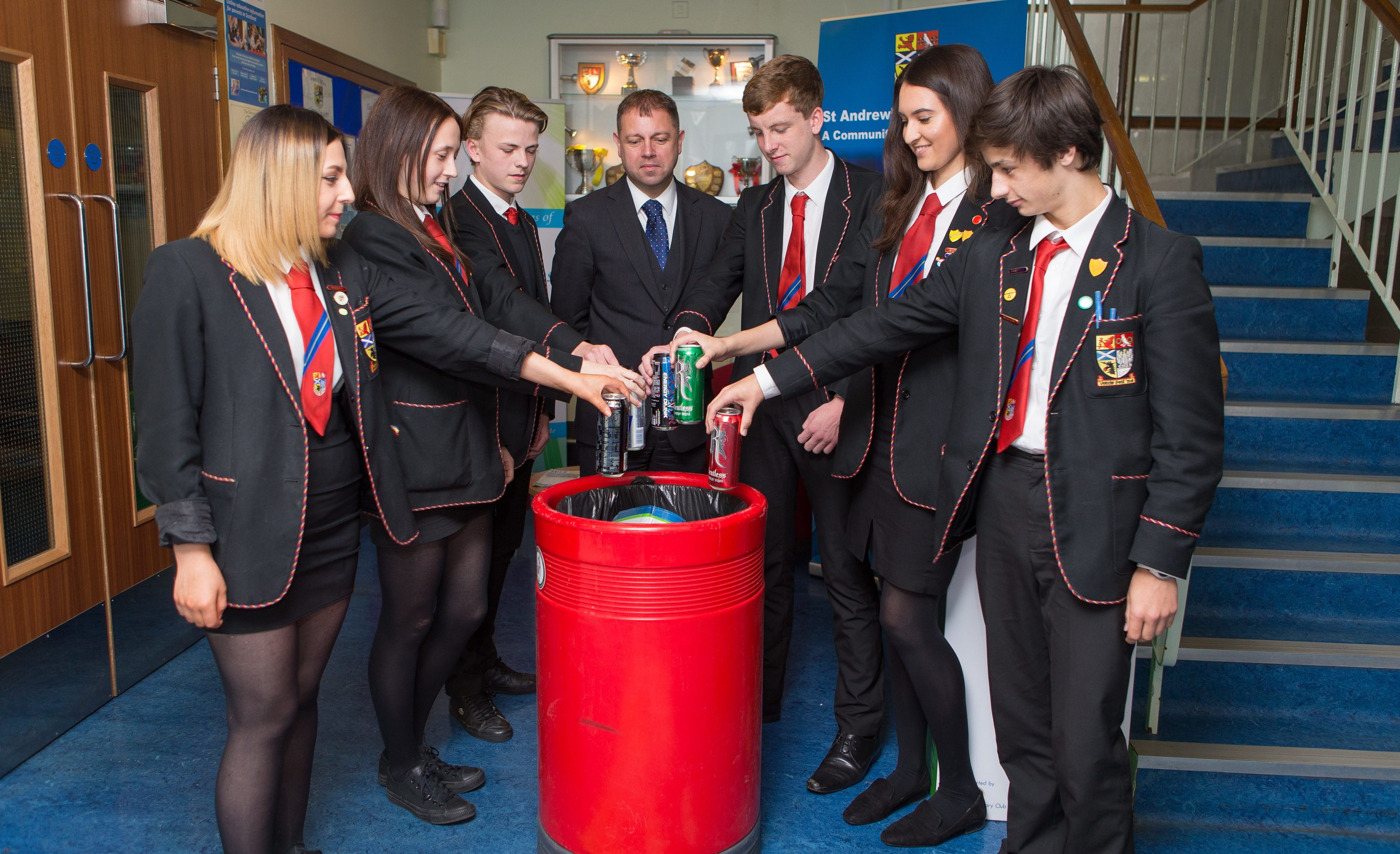 Pupils from St Andrews High School in Kirkcaldy fully support The Courier 'Can It' campaign to have energy drinks banned from the school. Pictured from left are Brooklin Faulds, Jill Clelland, Callum Perkind, rector Patrick Callaghan, Eoin Garvey, Anna Machado and Daniel Penman.