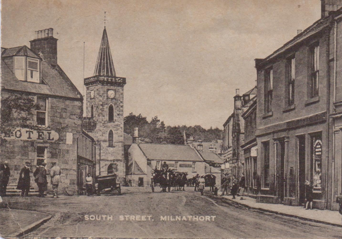 South Street, Milnathort in 1923. The Royal Hotel on the left of the picture and the Commercial Hotel in the centre are no longer hotels .