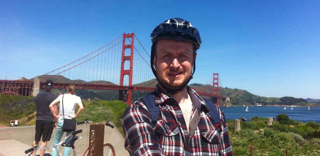 Damon Smith preparing to Bike The Bridge in 27 degree heat in San Francisco. 