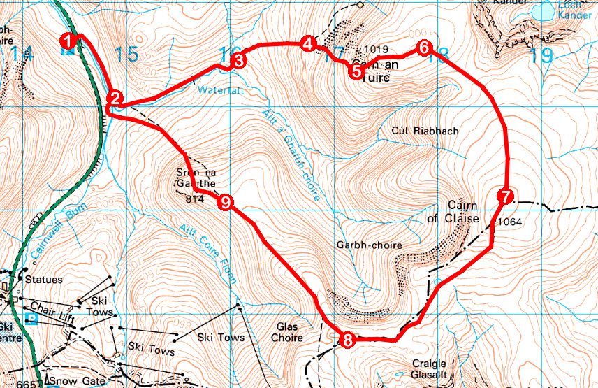 Take a Hike 116 - June 11, 2016 - Carn an Tuirc and Cairn of Claise, Glen Clunie, Aberdeenshire OS map extract