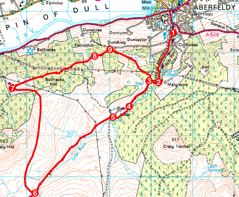 Take a Hike 117 - June 18, 2016 - Moness Den and Urlar, Aberfeldy, Perth & Kinross OS map extract