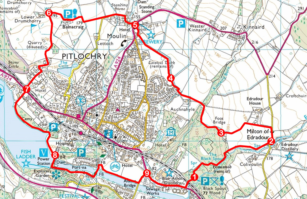 Take a Hike 119 - July 2, 2016 - Edradour and Moulin, Pitlochry, Perth and Kinross OS map extract