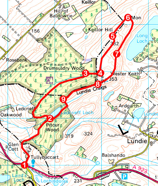 Take a Hike 120 - July 9, 2016 - Lundie Craigs, Lundie, Angus OS map extract