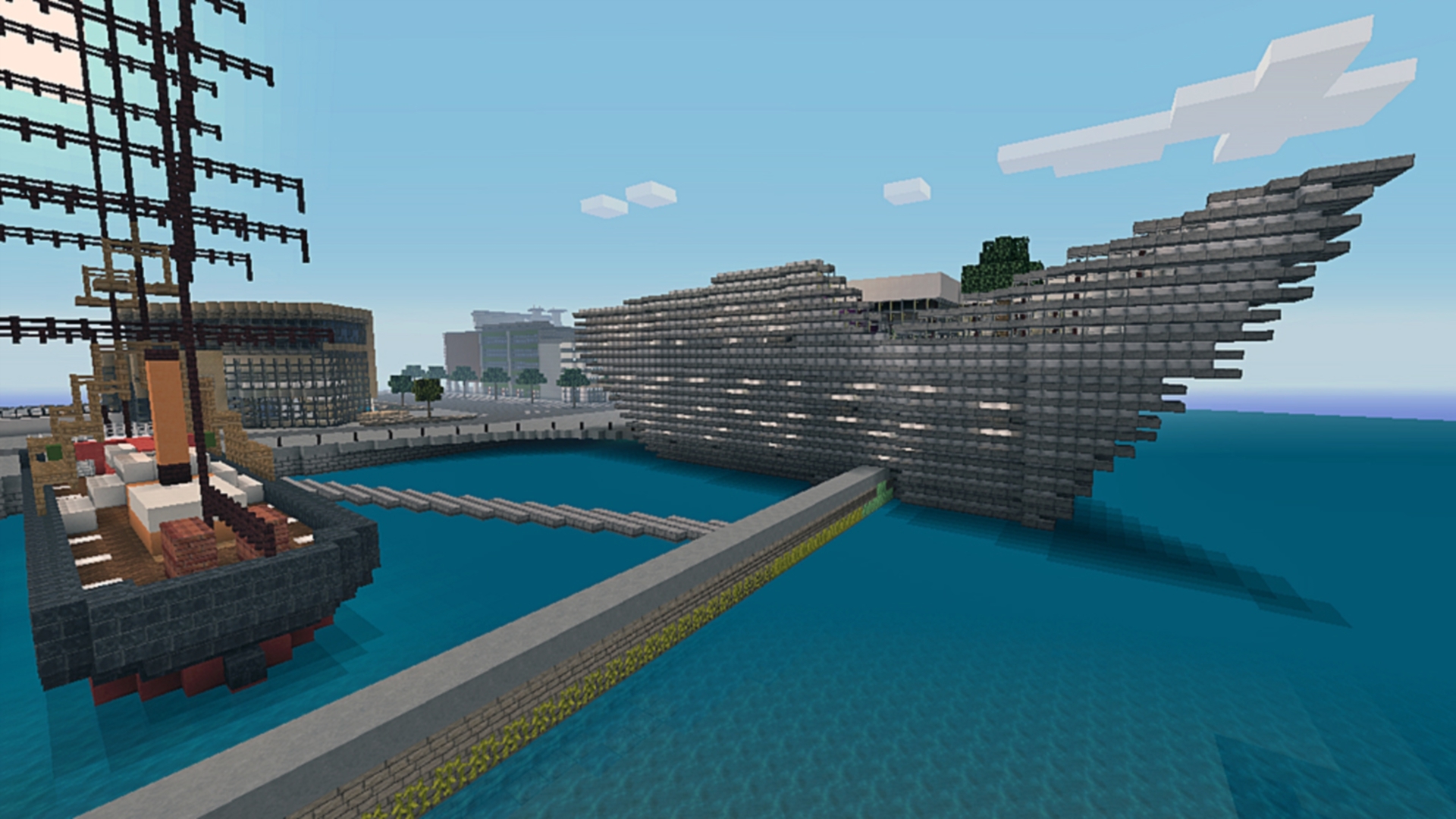 A view of the new V&A Dundee design museum created in Minecraft.