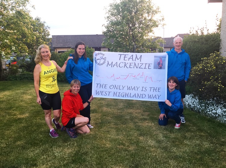 Angie (standing left) with support team of Roz Shanks, husband Hugh Mackenzie and (kneeling) Donna Pass and Fiona Gibson 