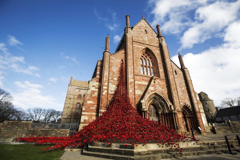 Weeping Window The Weeping Window sculpture made of ceramic poppies at St Magnus Cathedral in Orkney, Scotland.