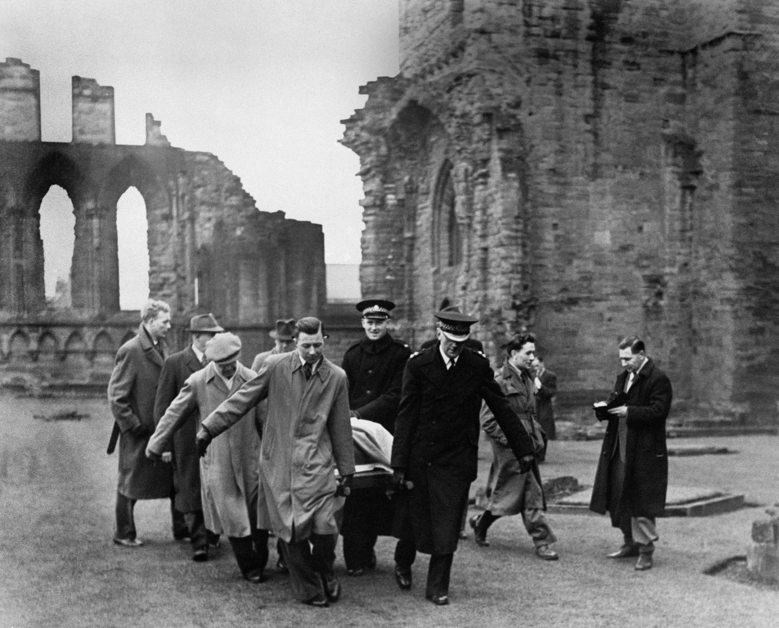 The Stone of Scone - the Scottish Stone of Destiny - missing from Westminster Abbey since Christmas Day, 1950 - being removed from Abroath Abbey, Forfarshire, Scotland after being handed to the Custodian of the Abbey James Wiseheart by Scottish Nationalists.