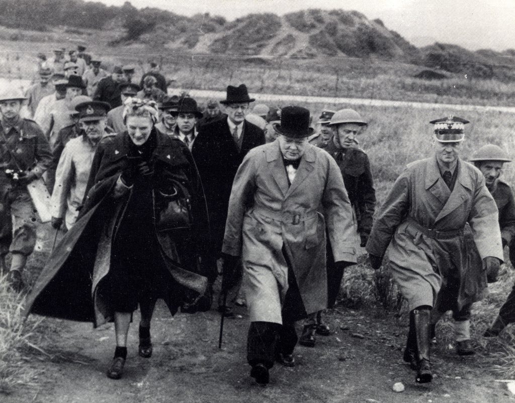 British Prime Minister Winston Churchill hosted by Polish General Sikorski as he inspects coastal defences constructed by the exiled Polish Army at St Andrews West Sands in 1940