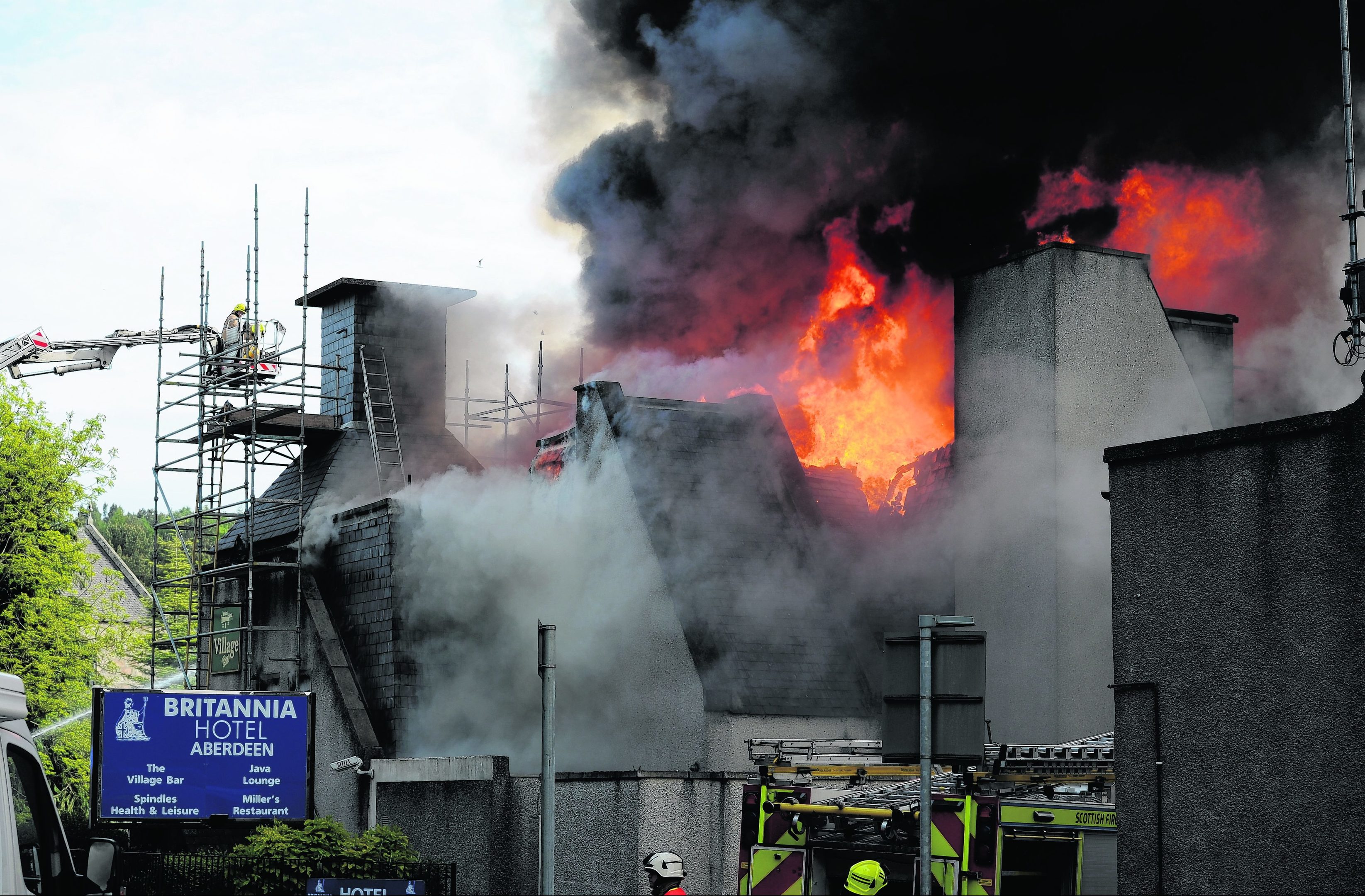 Fire crews tackle a huge fire at Britannia Hotel Aberdeen, Bucksburn.