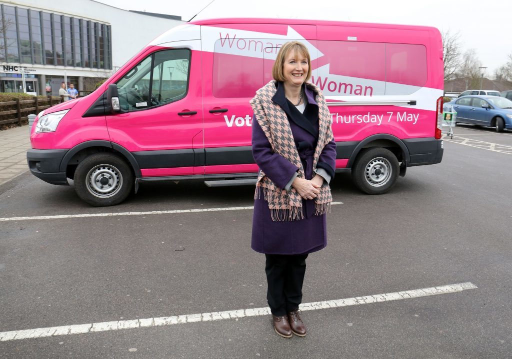 Harriet Harman launches Labour's Woman to Woman election campaign bus at ASDA supermarket in Stevenage.