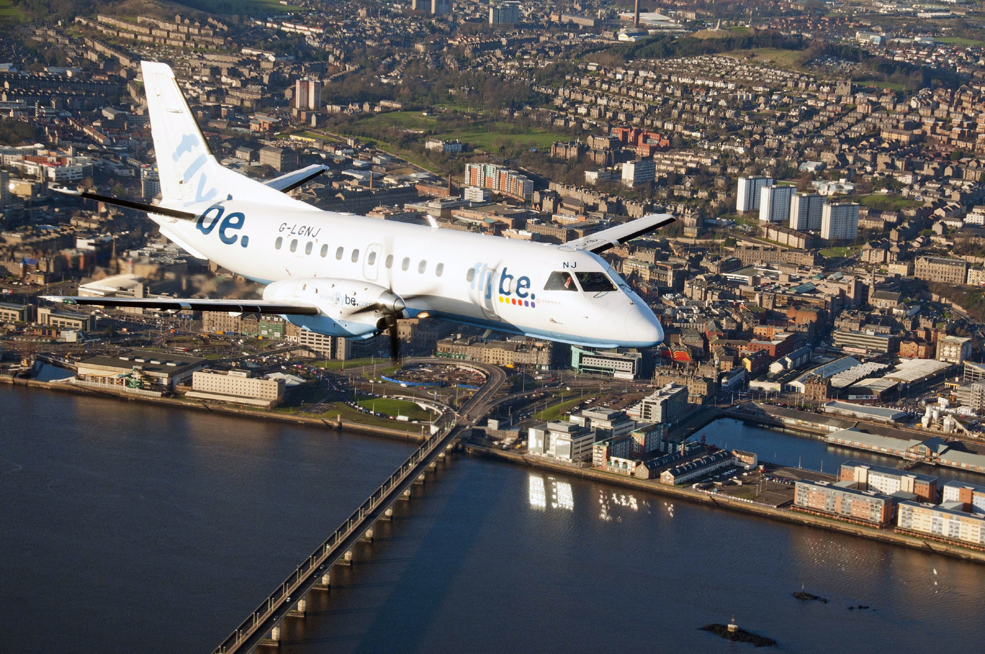 A Flybe aircraft over Dundee.