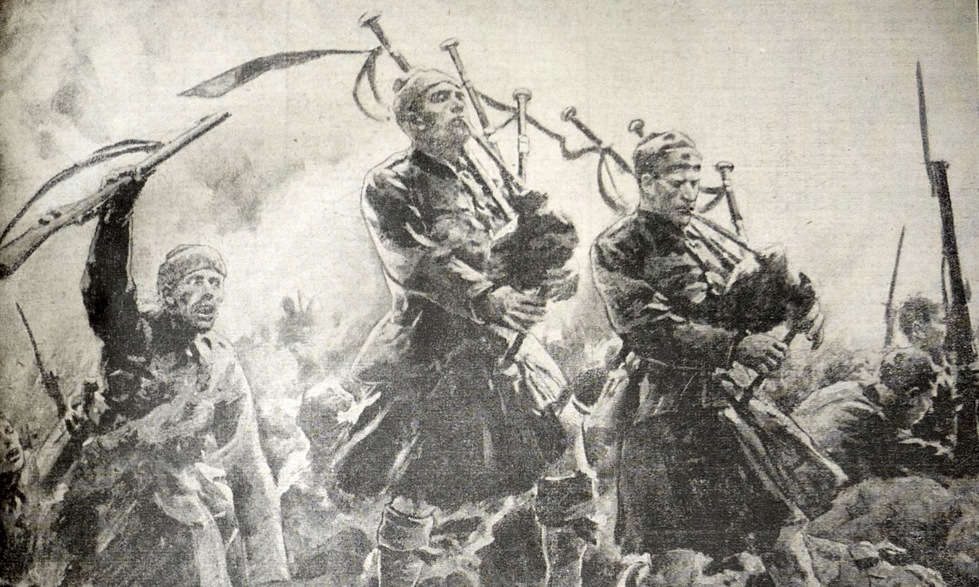 A newspaper illustration showing pipers marching at the bloody battle.