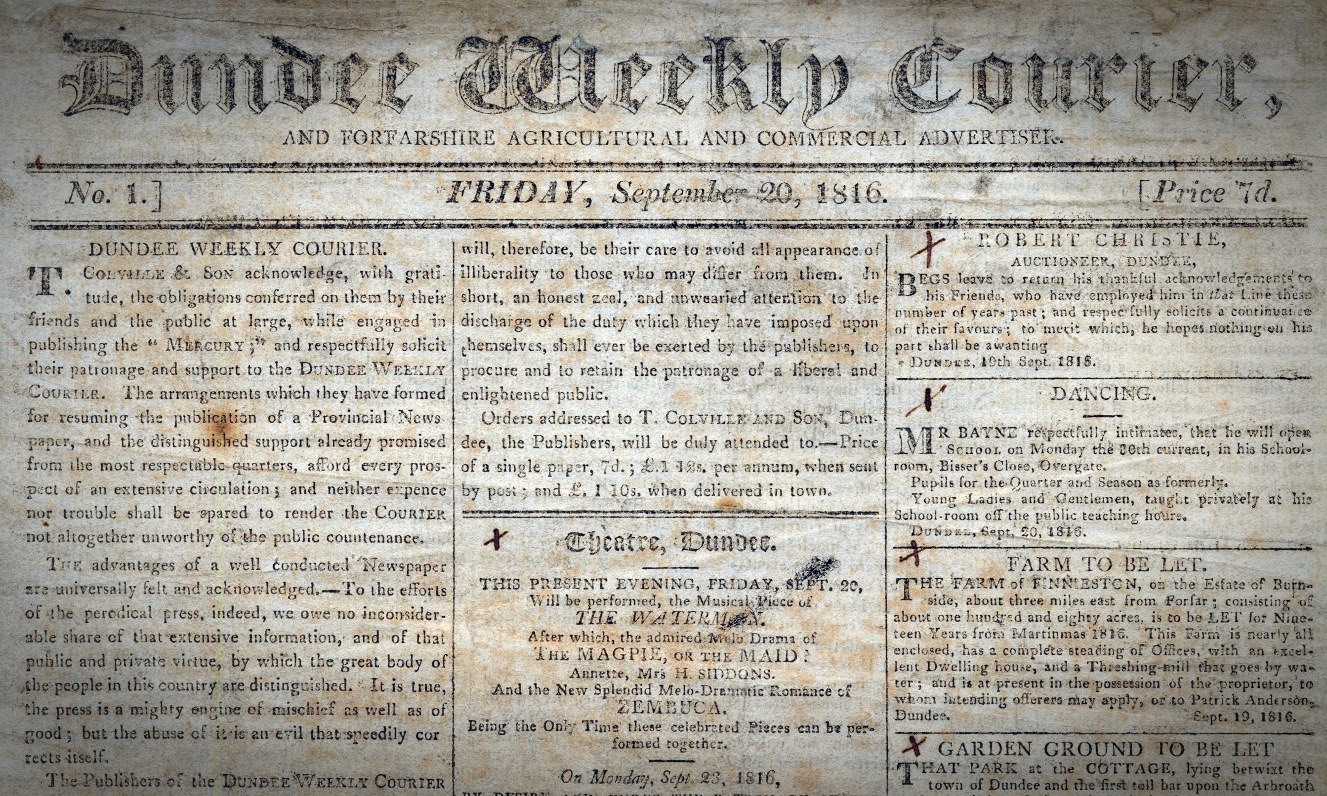 The Courier was born as the Dundee Weekly Courier and Forfarshire Agricultural and Commercial Advertiser on September 20 1816.