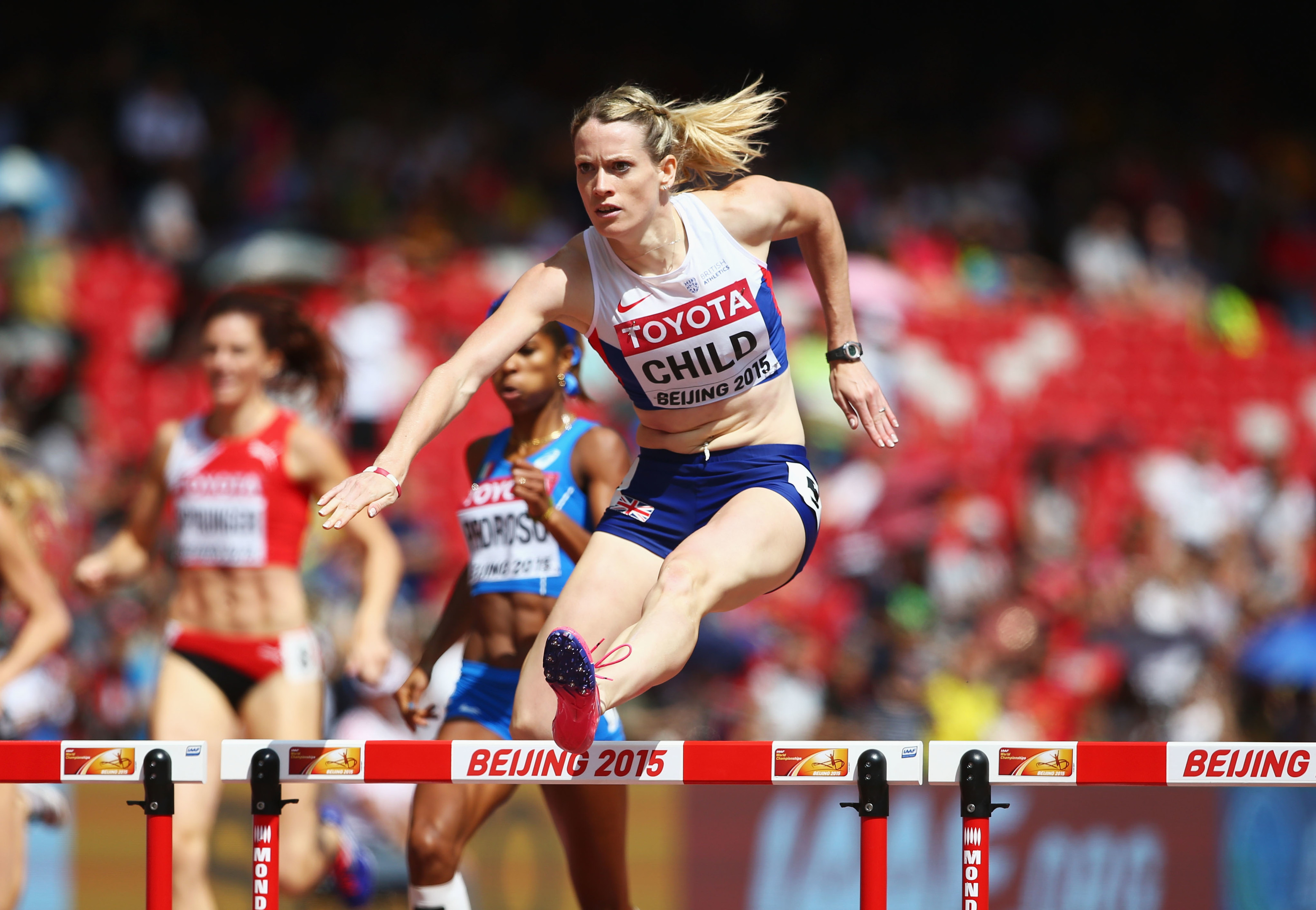 Eilidh Child of Great Britain competes in the women's 400 metres hurdles heats during day two of the 15th IAAF World Athletics Championships, Beijing 2015.