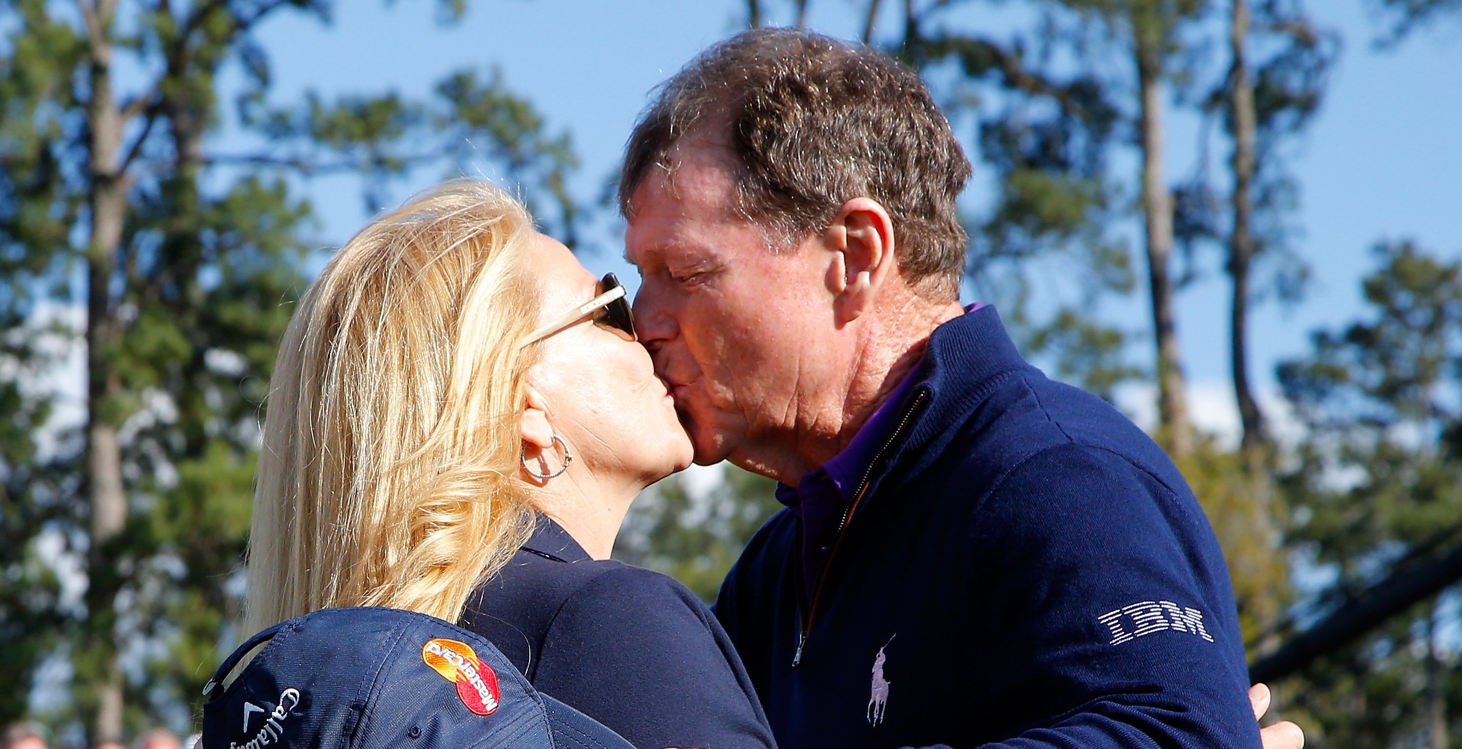 Tom Watson of the United States hugs his wife Hilary after completing the second round of the 2016 Masters Tournament at Augusta National Golf Club.