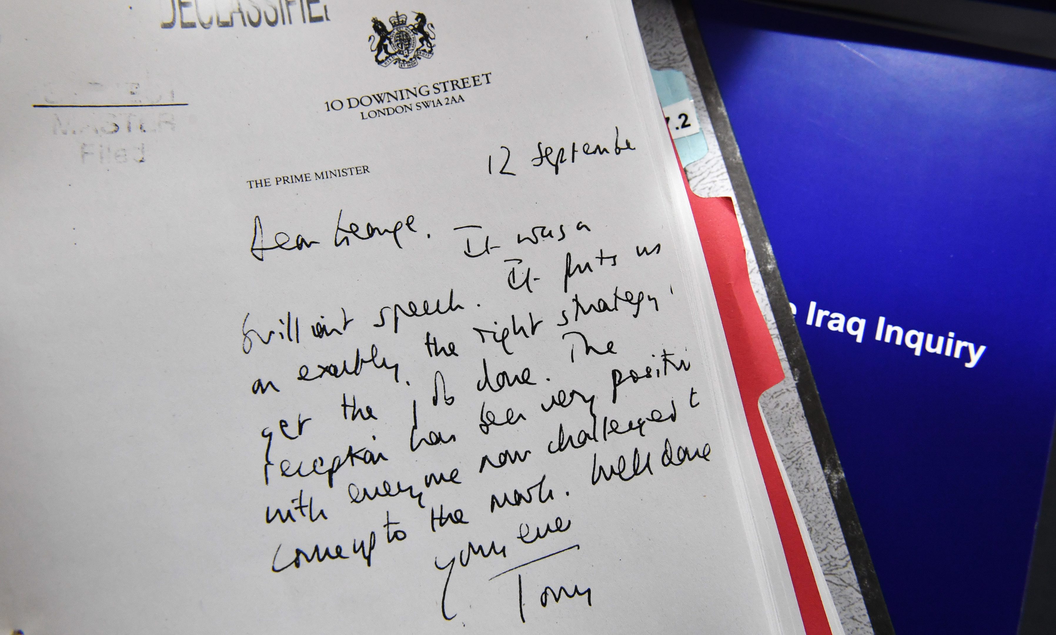 A declassified handwritten letter sent by then Prime Minister Tony Blair, to President George Bush.