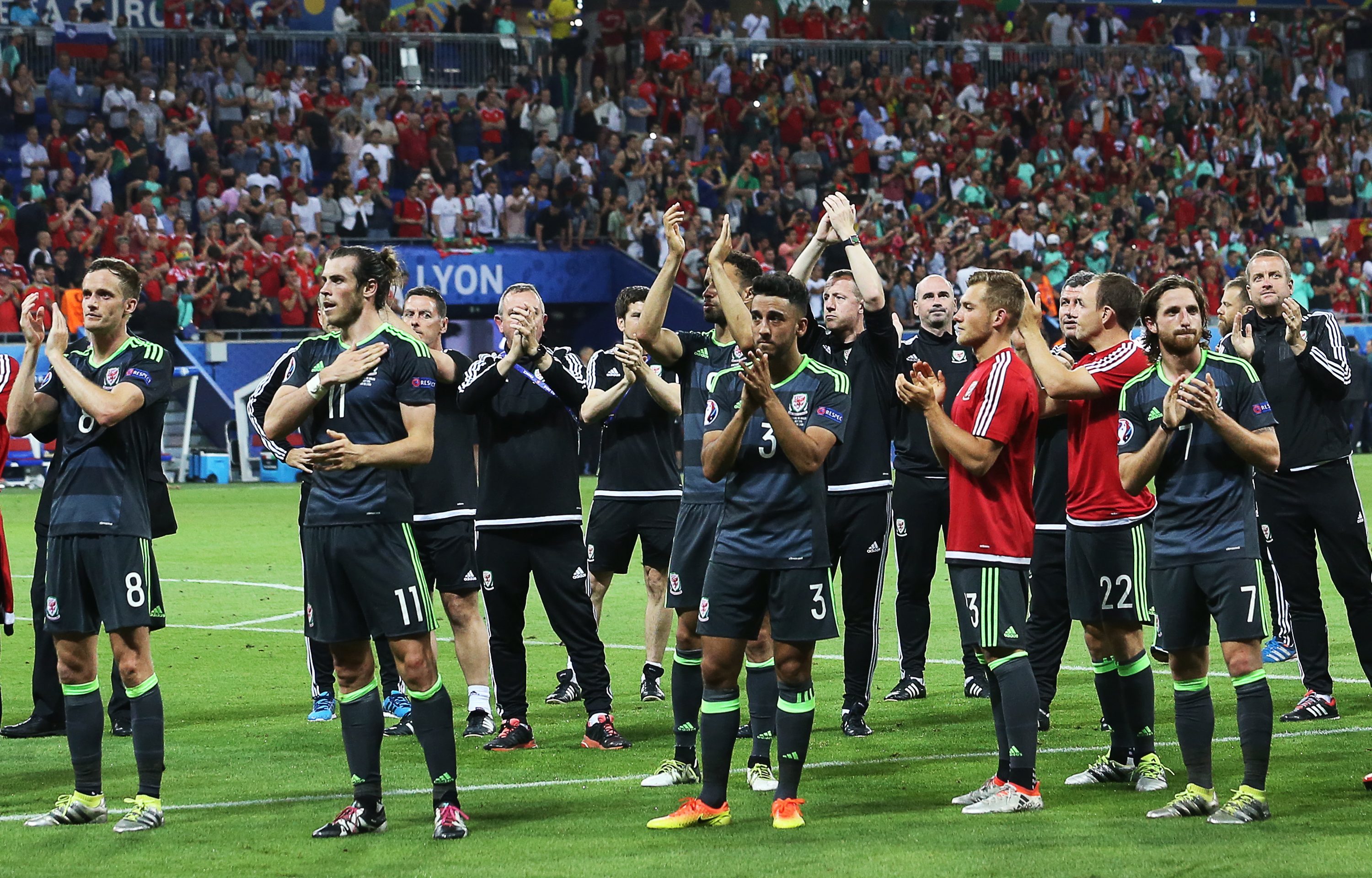 Wales players after their  Euro 2016  semi-final defeat to Portugal at Stade de Lyon.