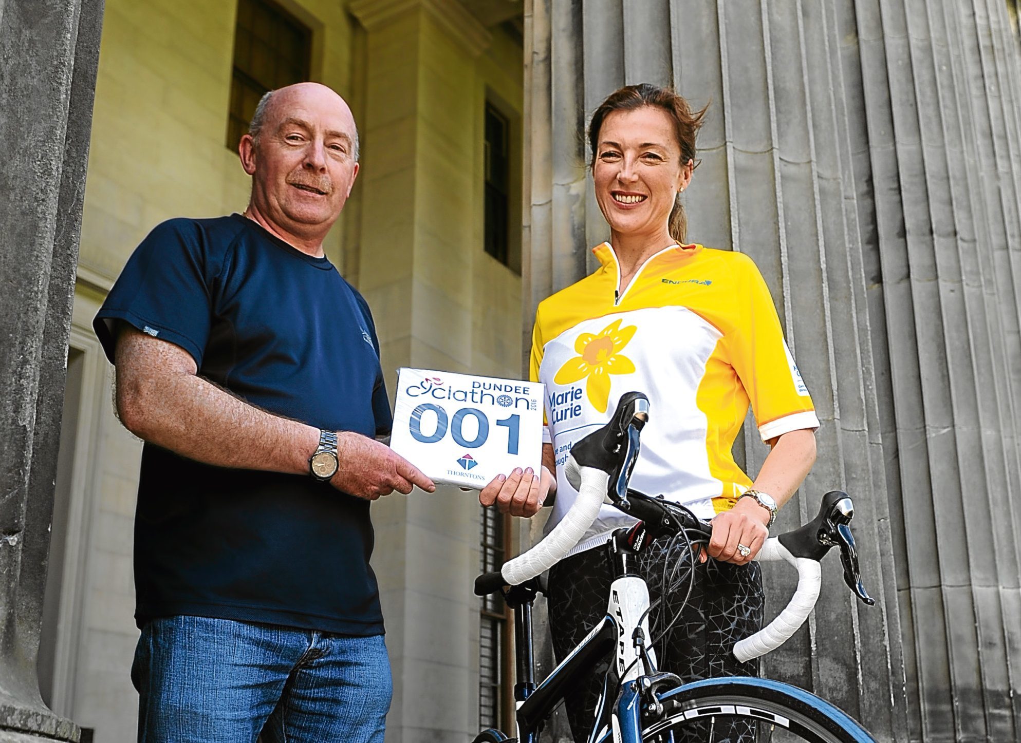 Ian Balgowan (Cyclathon Co-ordinator) and Petra McMillan from Marie Curie at  Camperdown House.