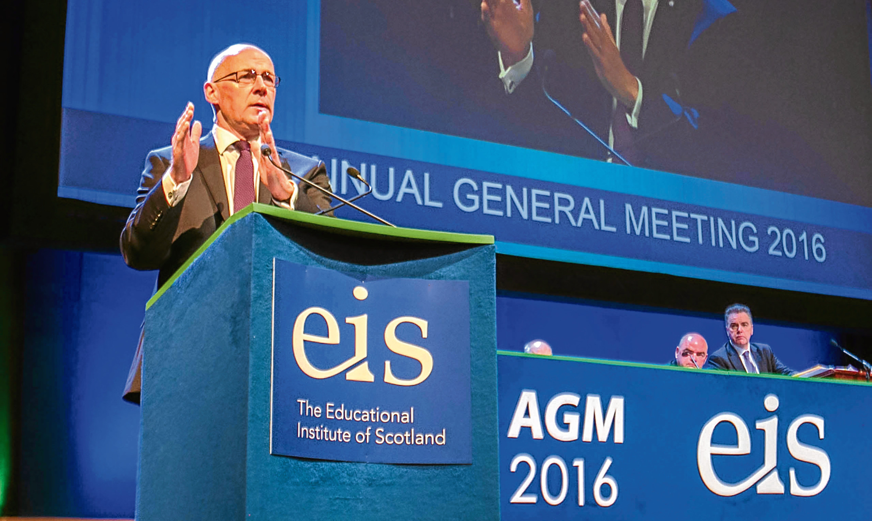 John Swinney addressing the EIS conference in Dundee this past June.