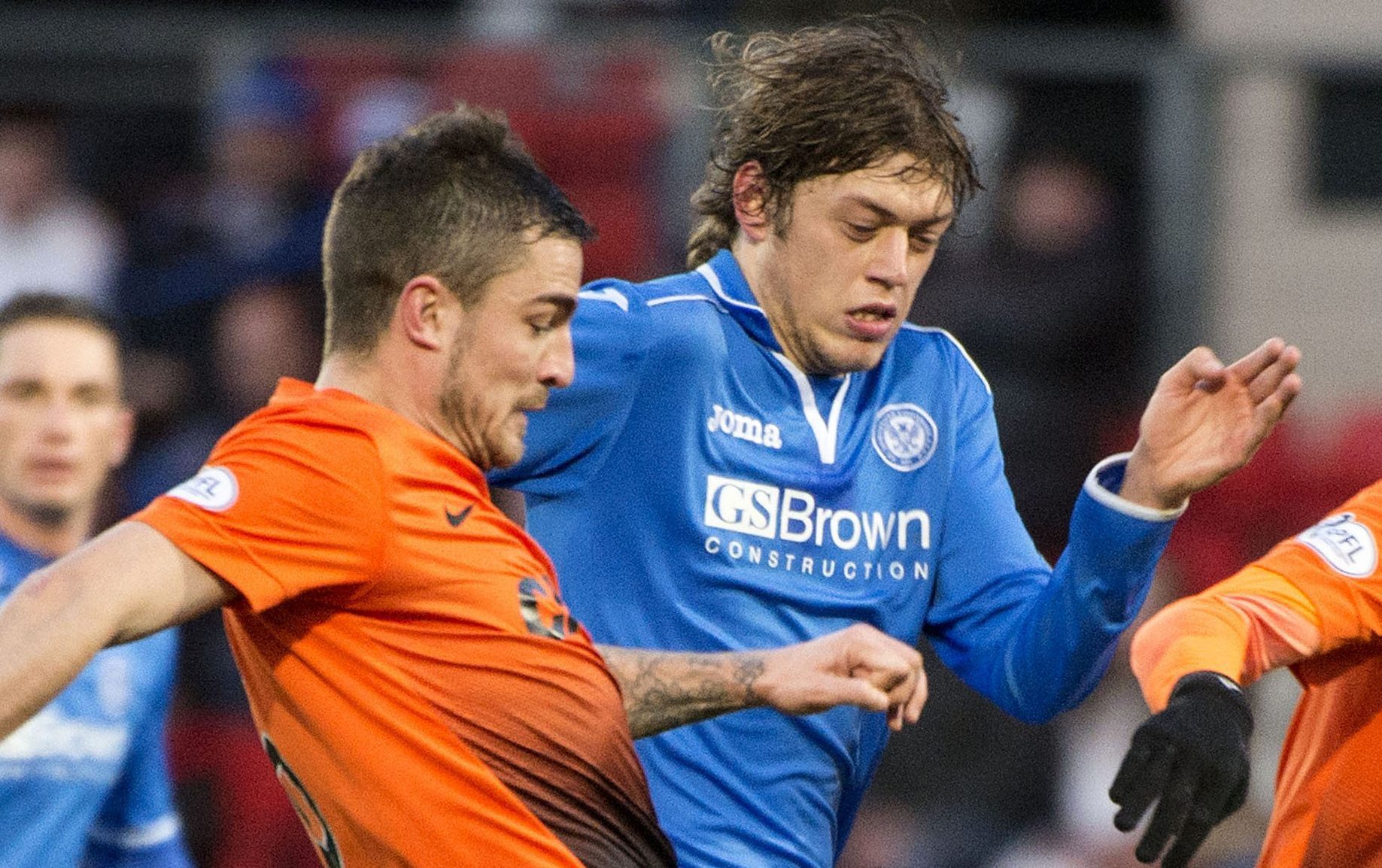Paul Paton and Murray Davidson enjoy one of their Tayside derby midfield battles.