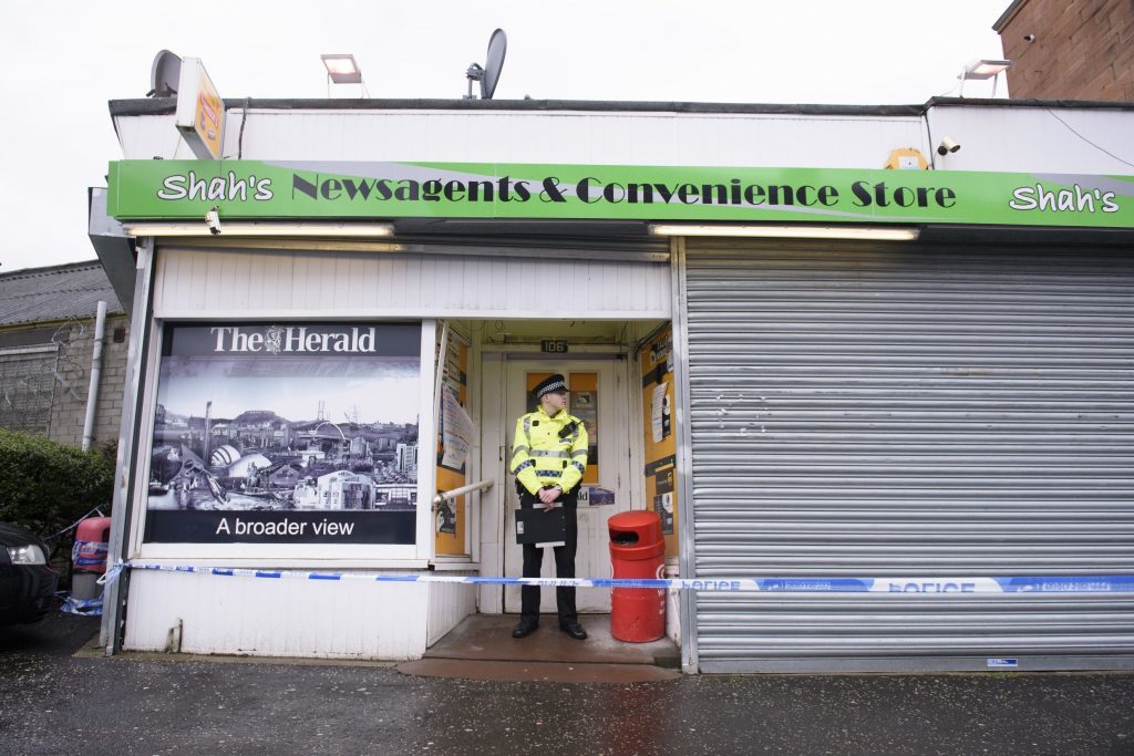 File photo dated 26/3/2016 of the shop where Asad Shah worked in Shawlands, Glasgow as Tanveer Ahmed has pleaded guilty at the High Court in Glasgow to murdering the respected businessman. PRESS ASSOCIATION Photo. Issue date: Thursday July 7, 2016. Shah, 40, who ran a convenience store in the city's Shawlands area, died following an attack by 32-year-old Ahmed on March 24. See PA story COURTS Shopkeeper. Photo credit should read: John Linton/PA Wire