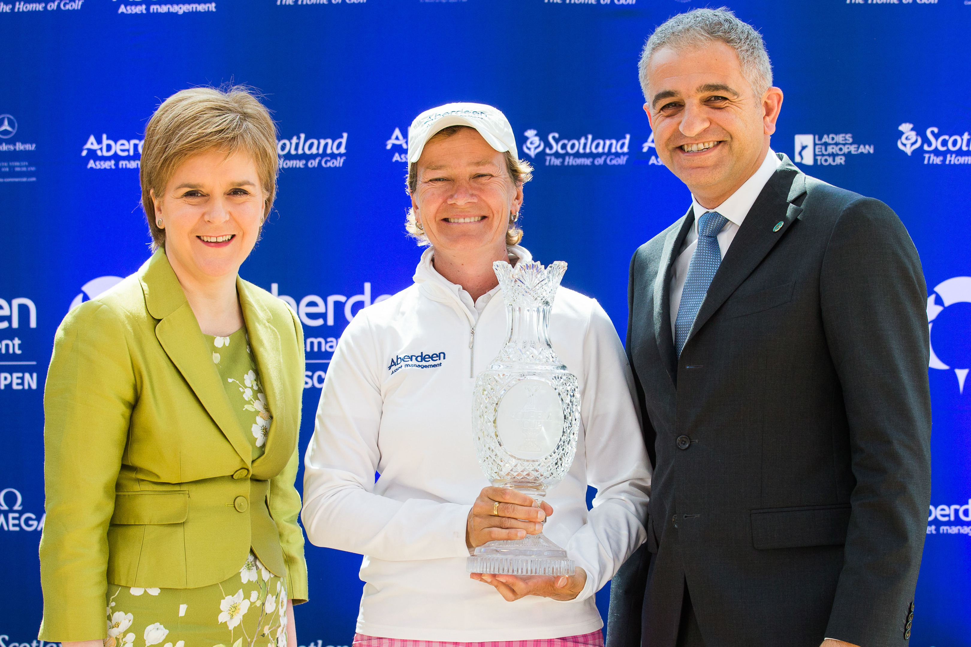 Catriona Matthew at yesterday's vice-captaincy announcement at the Aberdeen Asset Management Ladies Scottish Open, with Ladies European Tour CEO Ivan Khodabakhsh (right) and First Minister Nicola Sturgeon. Pic: Tristan Jones.