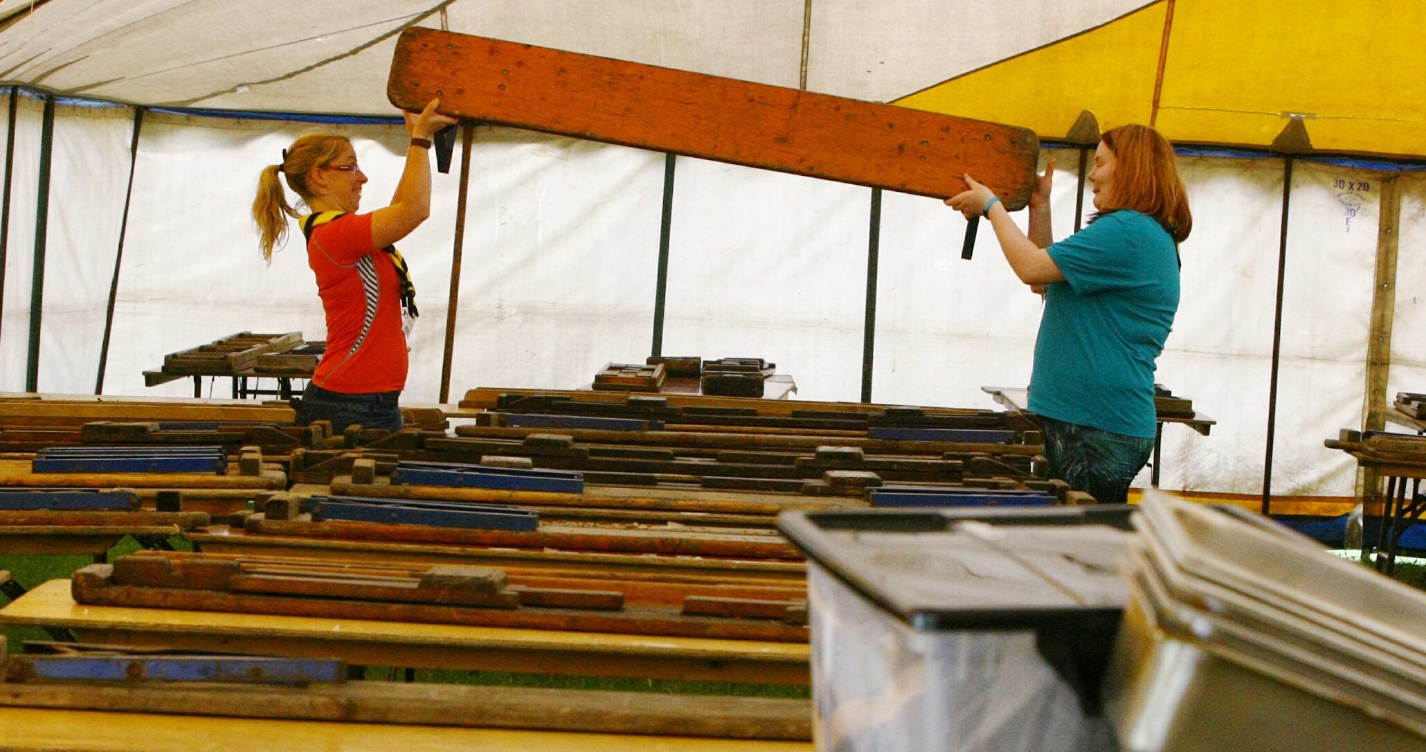 Lisa Finn, left, and Amanda Swan helping to set out the dining tent for the camp at Blair Atholl.