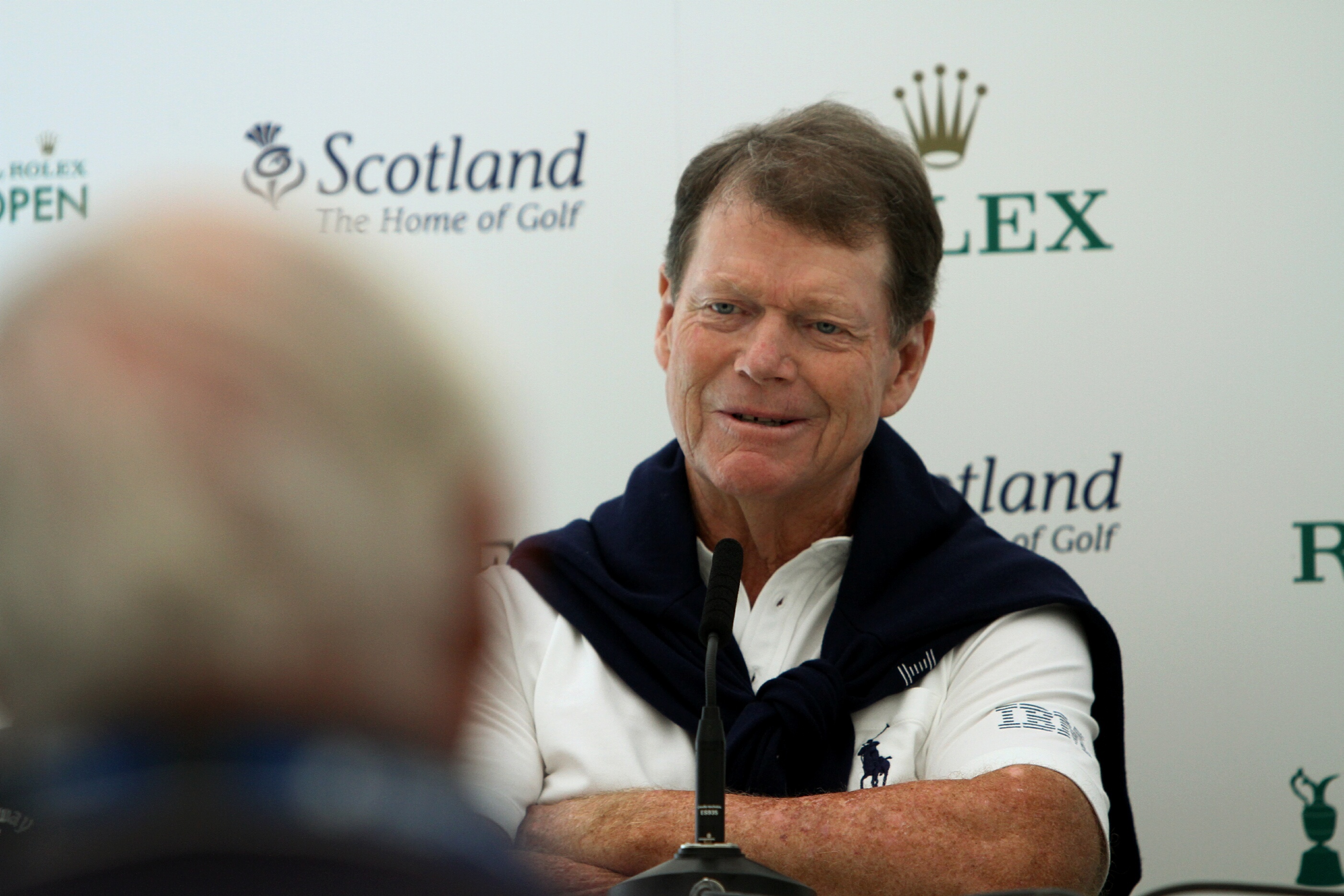 Tom Watson speaks to the media at Carnoustie yesterday. Pic: D Nicolson