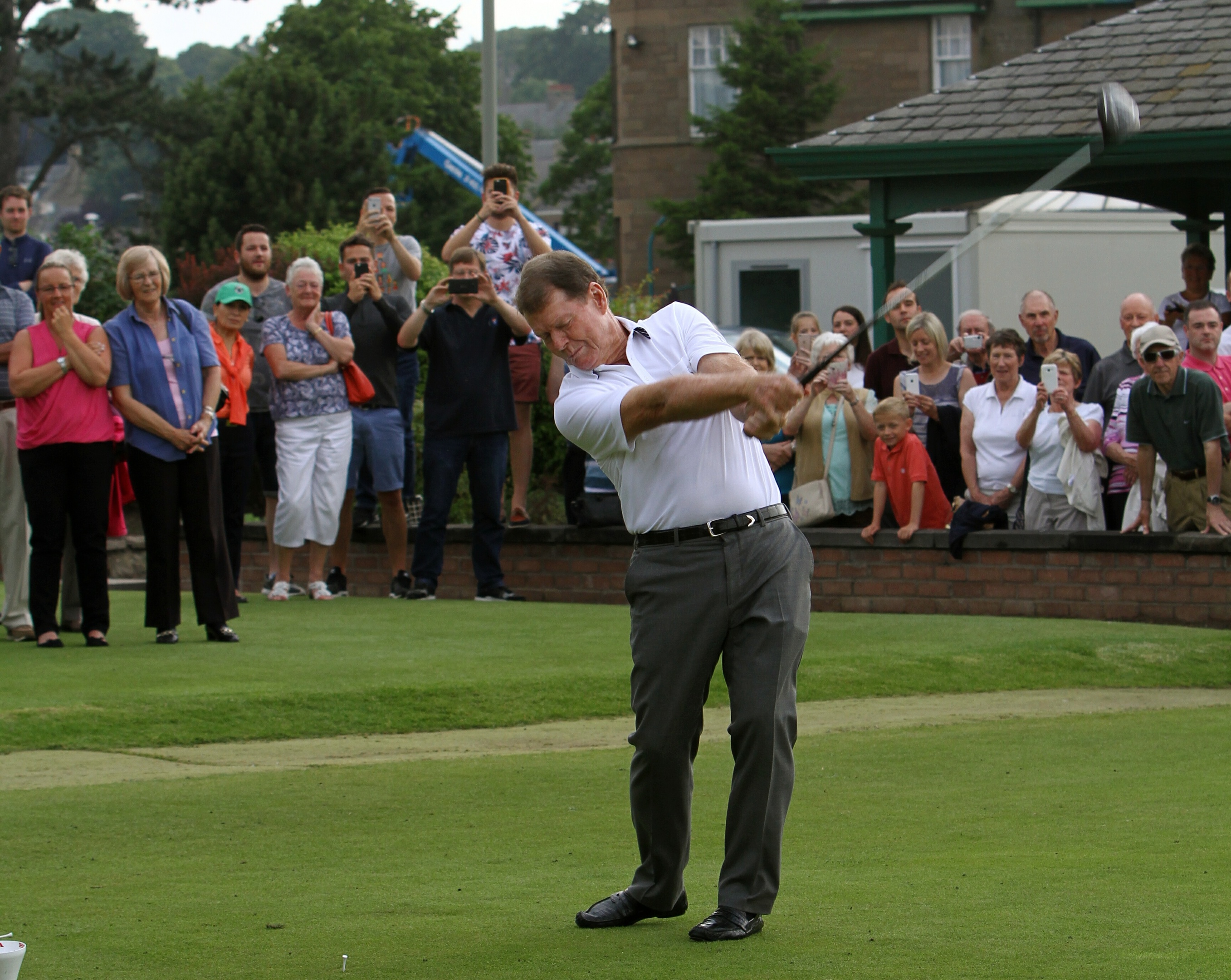 Picture shows Tom Watson recreating his drive off the first tee.