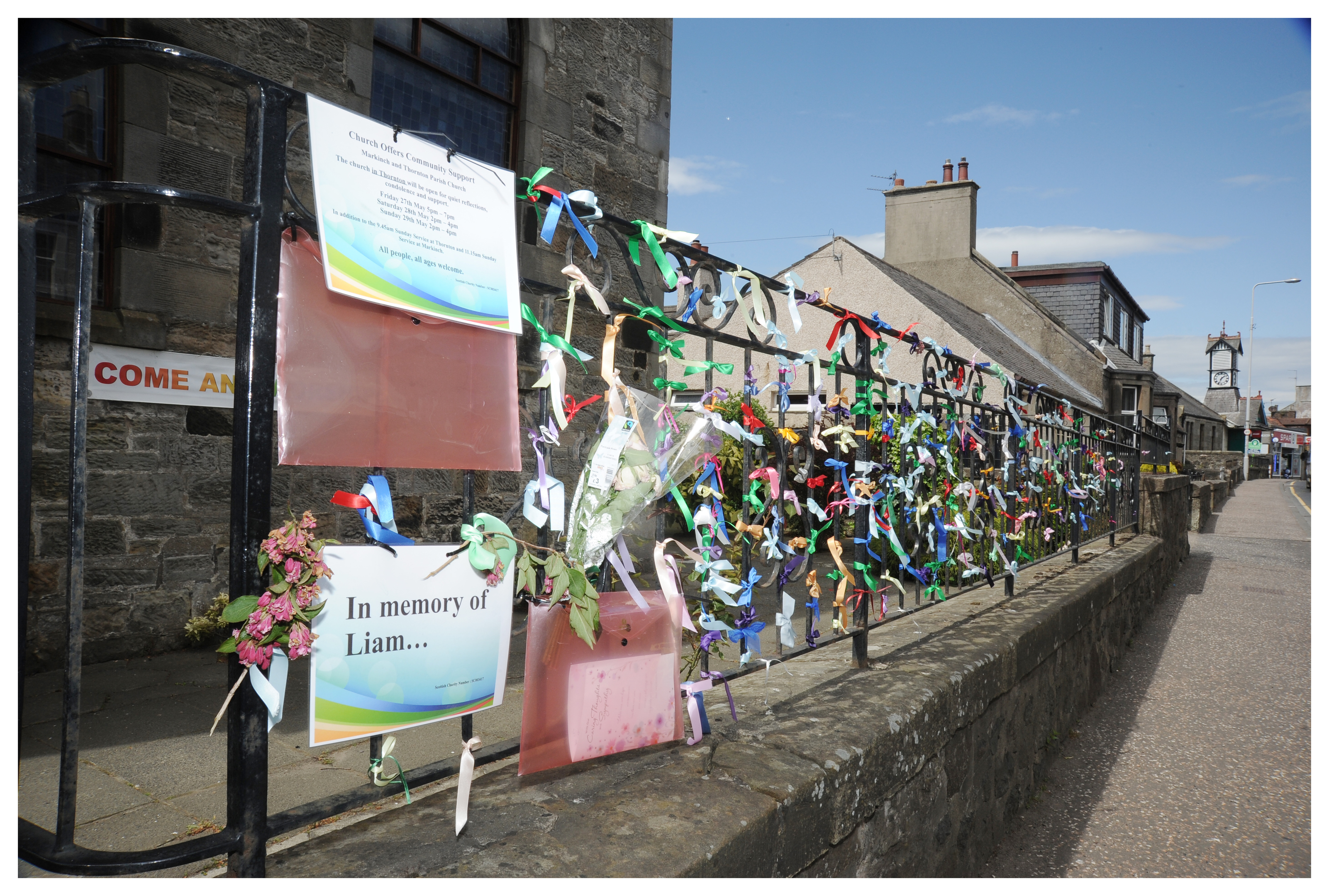 Ribbons for Liam Fee outside Thornton Parish Church, which will open tonight for reflection.