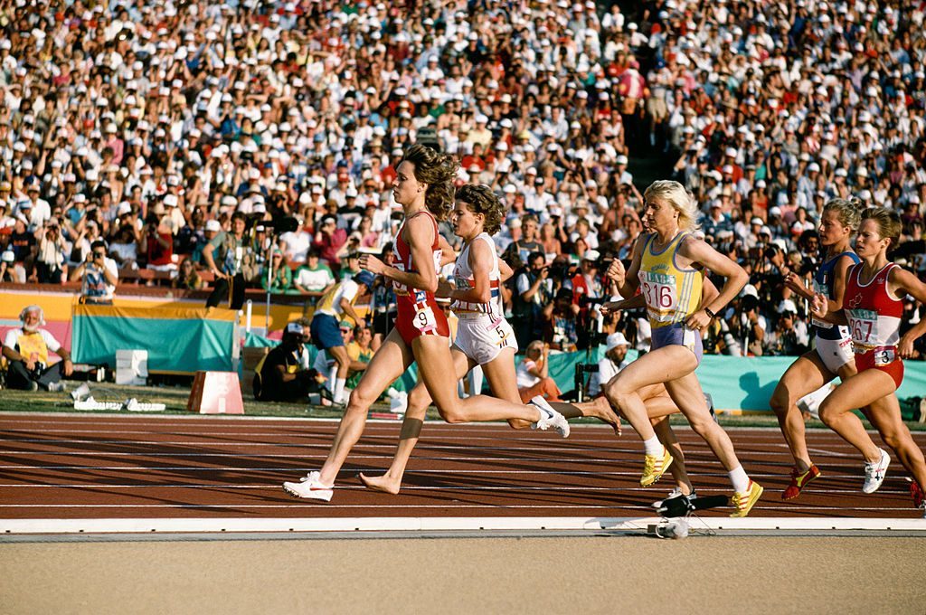 Athletes Mary Decker, Zola Budd and Maricica Puica (316) during the Women's 3000 Metres final at the Olympic Games in Los Angeles 1984. 