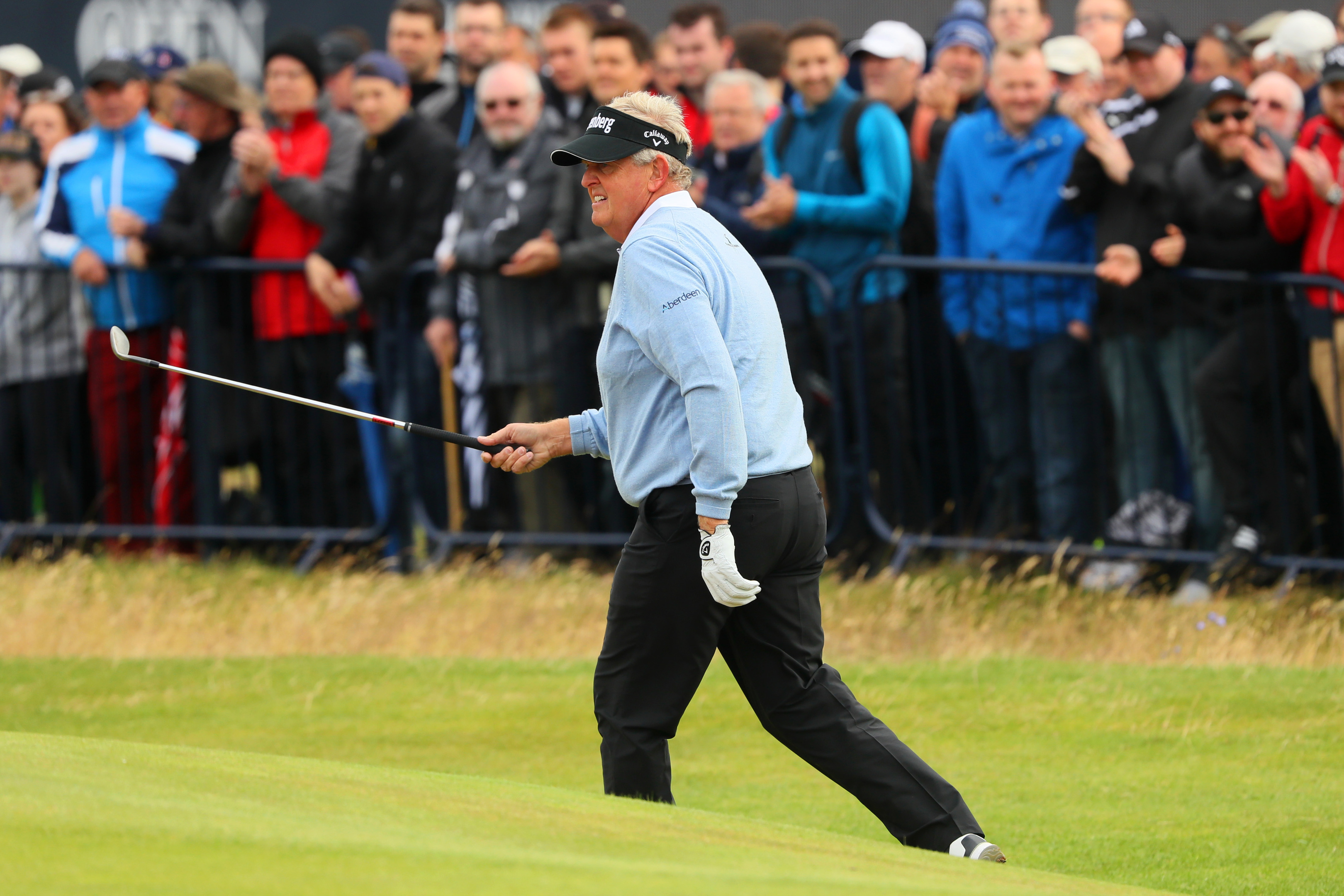 Colin Montgomerie's 76 included a dunk in the Barry Burn at the last