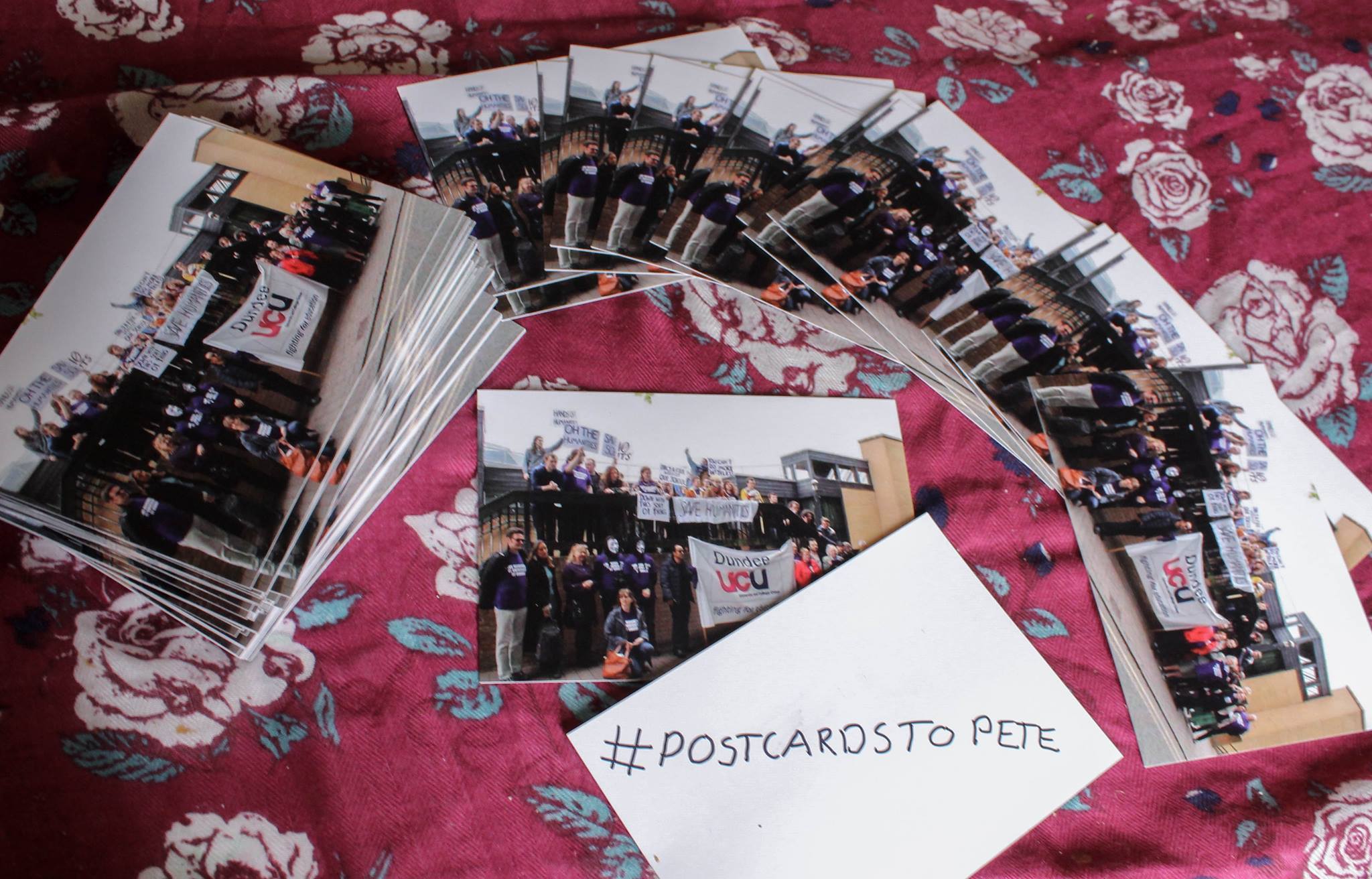 The postcards that were delivered to Dundee University principal Professor Sir Pete Downes.