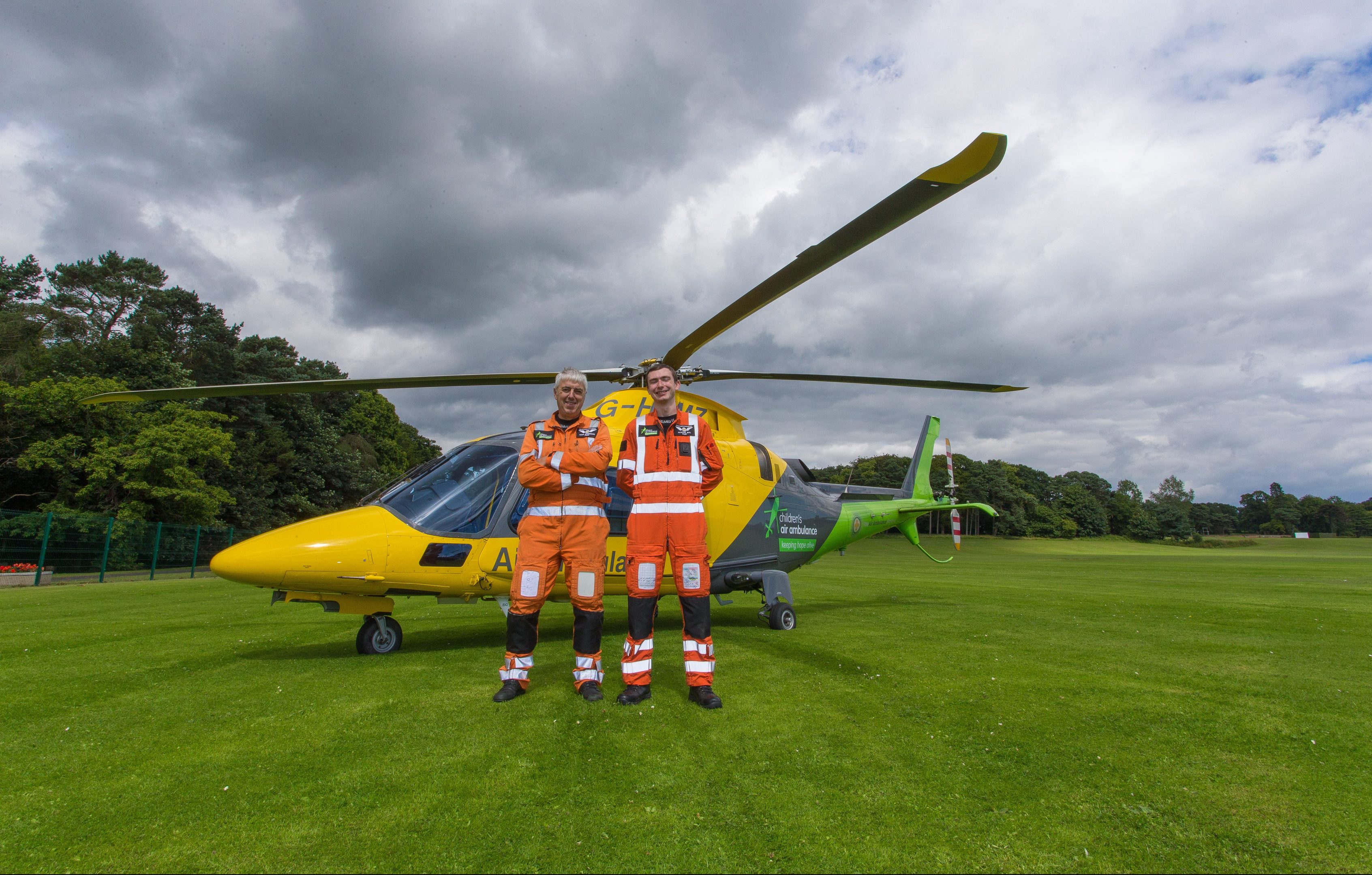 A spectacular patient transfer took place in Kirkcaldy today as an Air Ambulance landed in Dunnikier Park, Kirkcaldy. Pilots Mark Beardmore and Alistair Bull are pictured beside the Augusta 109-S air ambulance.