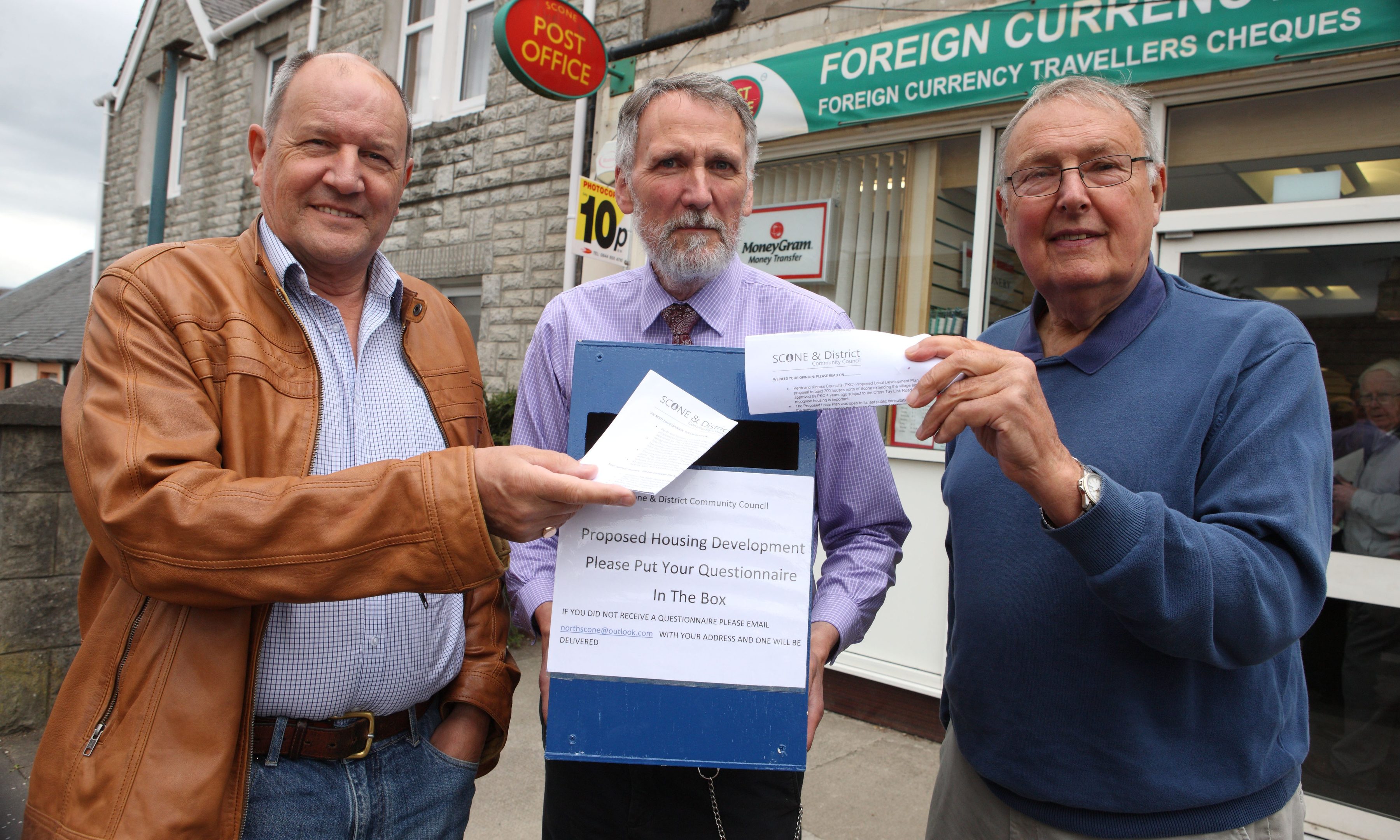 Martin Rhodes,Scone Study Group, Councillor Lewis Simpson and David Dykes, Scone and District Community Council, at Scone Post office