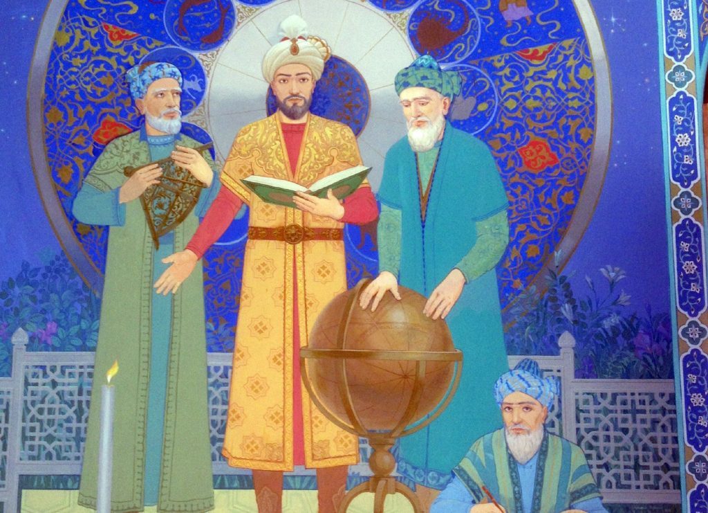 Photo of Ulugbek, Samarkand's astronomer king, holding forth in a painting in his observatory. 