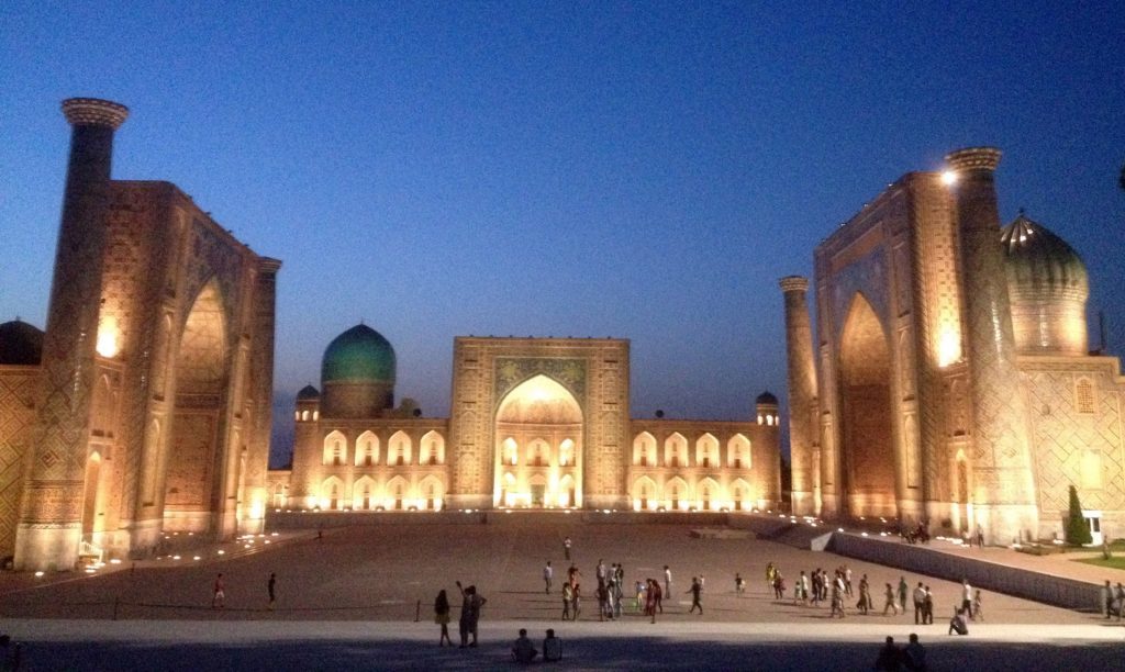 Photo of a view of the Registan at night time. 