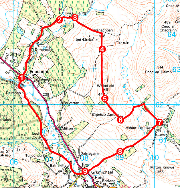 Take a Hike 123 - July 30, 2016 - Whitefield Hill & Castle, Strathardle, Perth & Kinross OS map extract