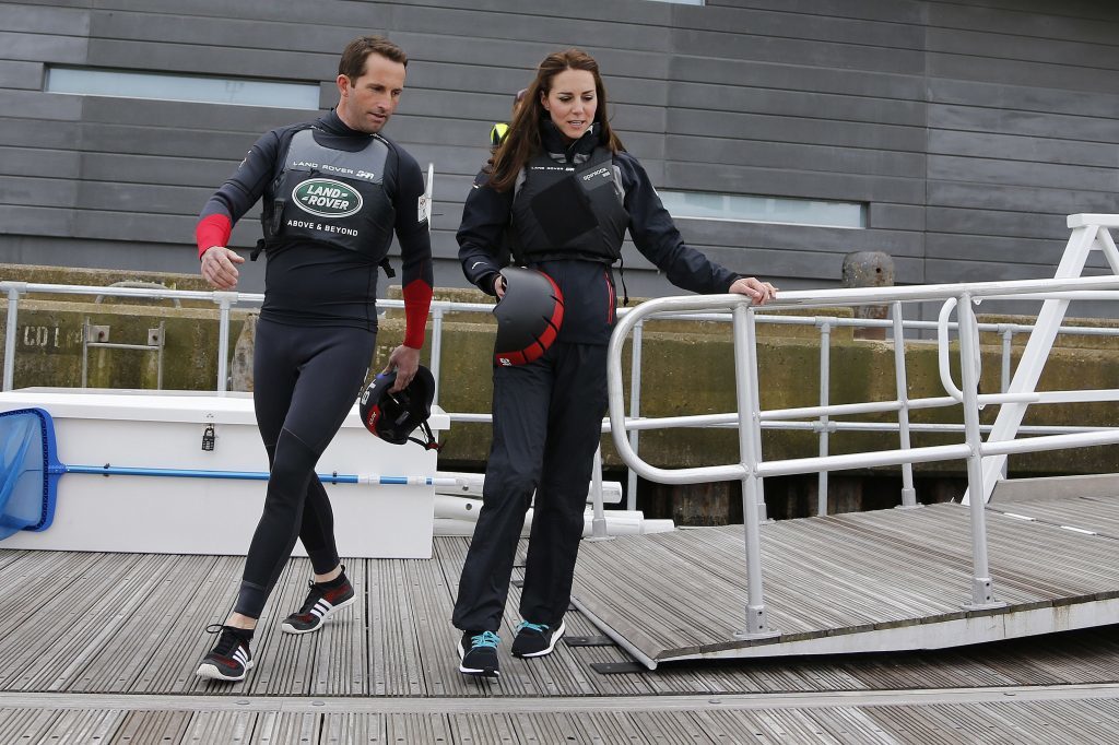 The Duchess of Cambridge taking to the water as joins Sir Ben Ainslie and the crew of the Land Rover BAR for training circuit on the Solent when she visited the Land Rover BAR Base HQ in Portsmouth. 