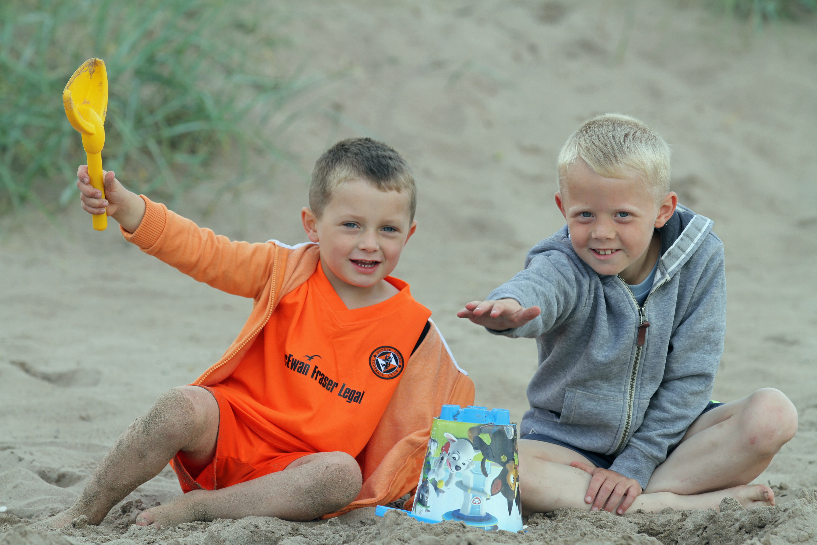 Charlie Lamont-Millar, 4, and Ollie Fraser, 6,from Whitfield building a sandcastle at Broughty Ferry beach